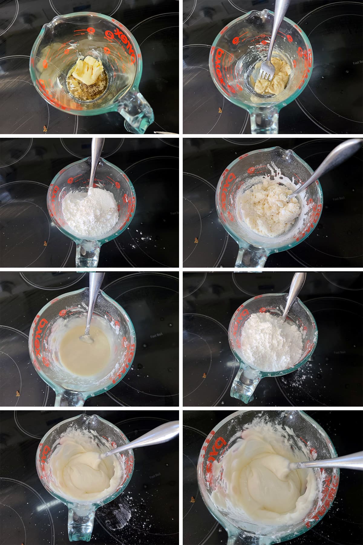 An 8 part image showing the frosting being made in a glass 2 cup measuring cup.
