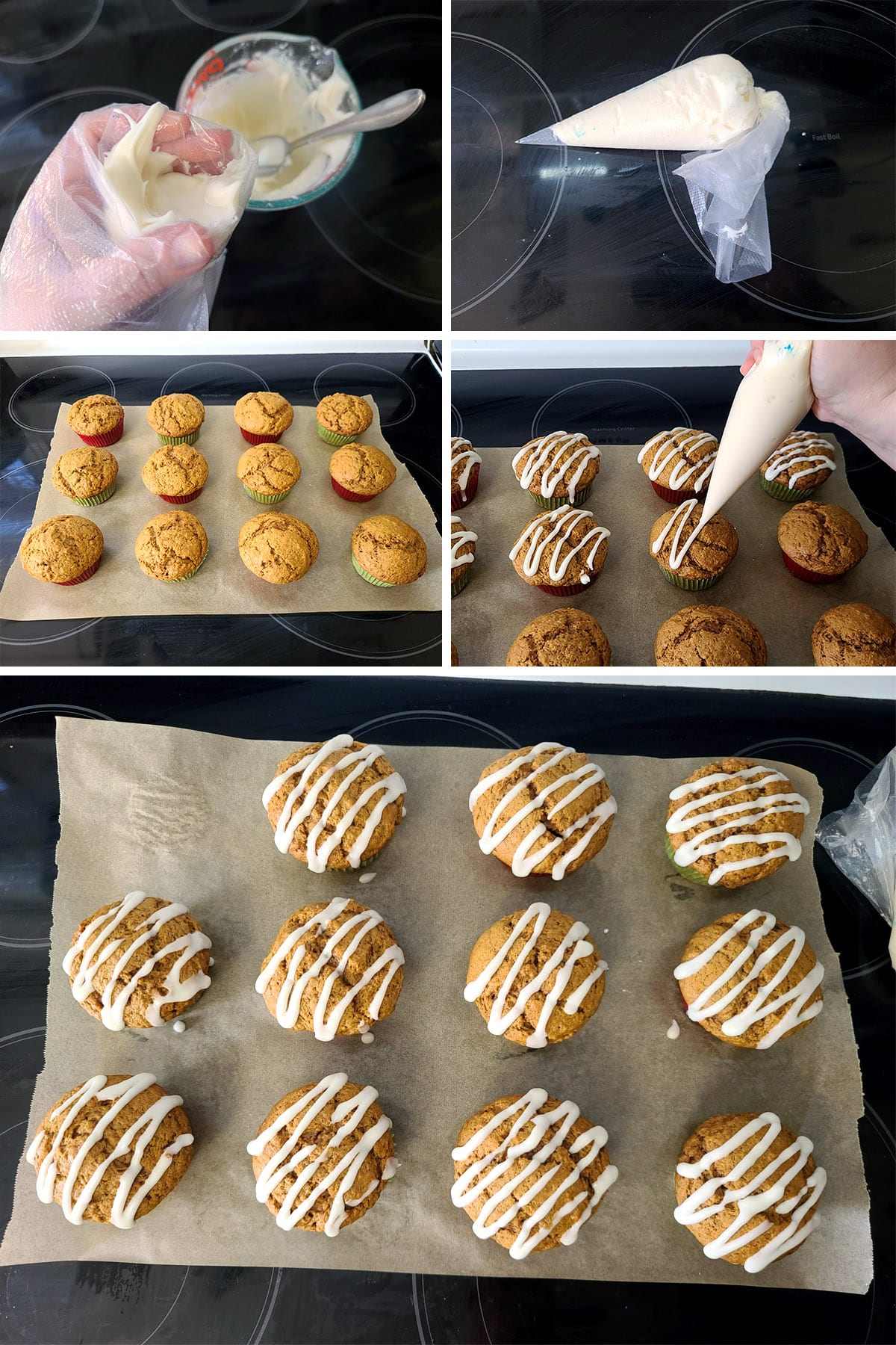 A 5 part image showing the frosting being put into a piping bag and drizzled over the muffins.