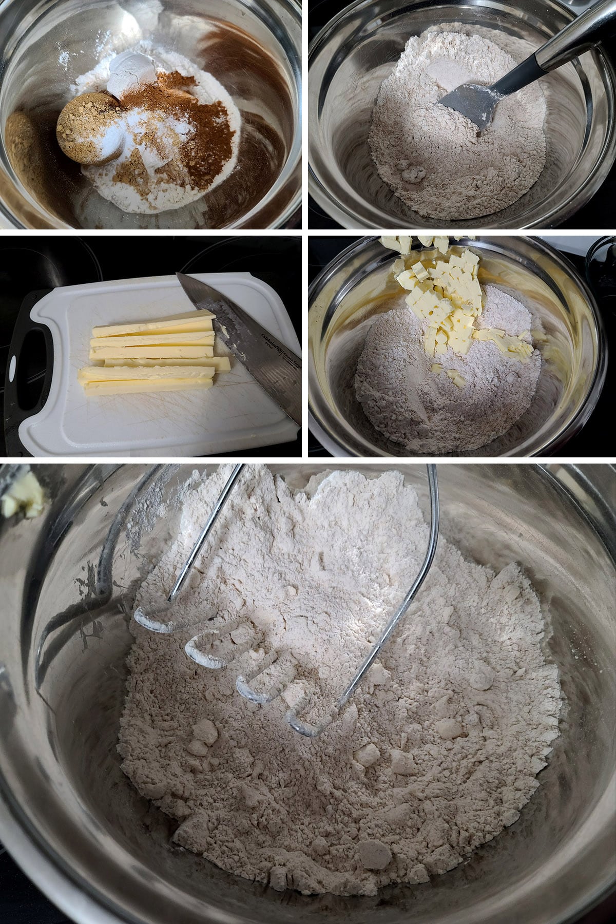 A 5 part image showing the dry ingredients being mixed, and the butter cut into them.