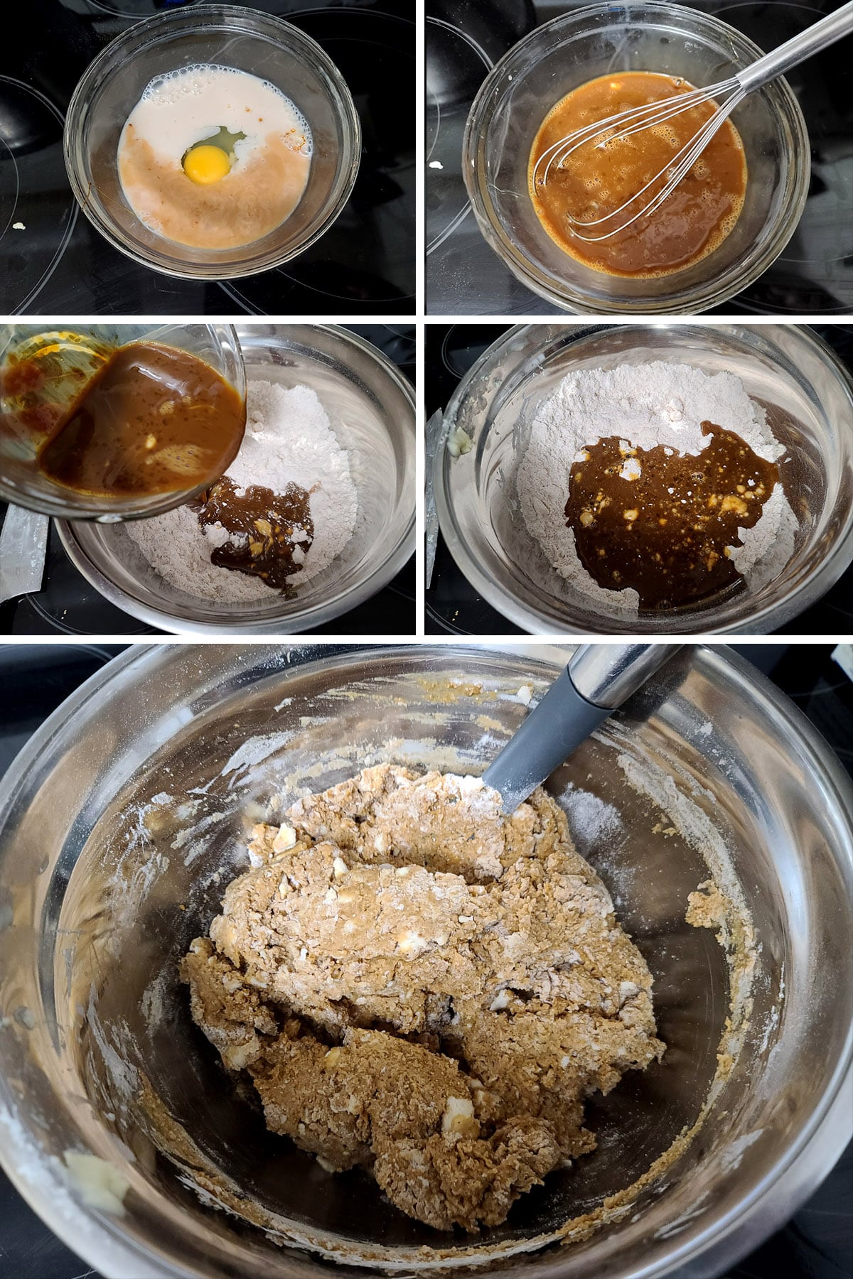 A 5 part image showing the wet ingredients being mixed and added to the dry ingredients, forming a brown dough.