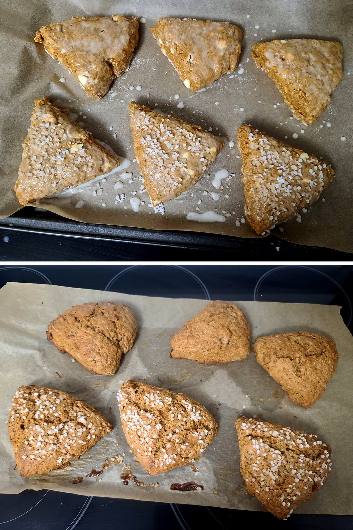 A 2 part image showing a pan of gingerbread scones, before and after baking.