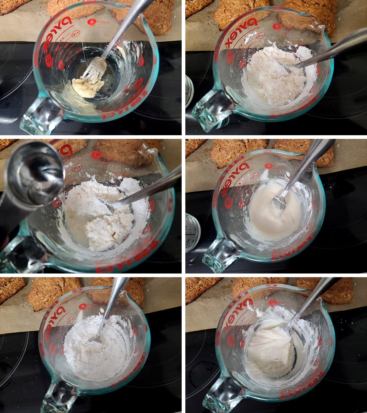 A 6 part image showing the vanilla glaze being mixed.