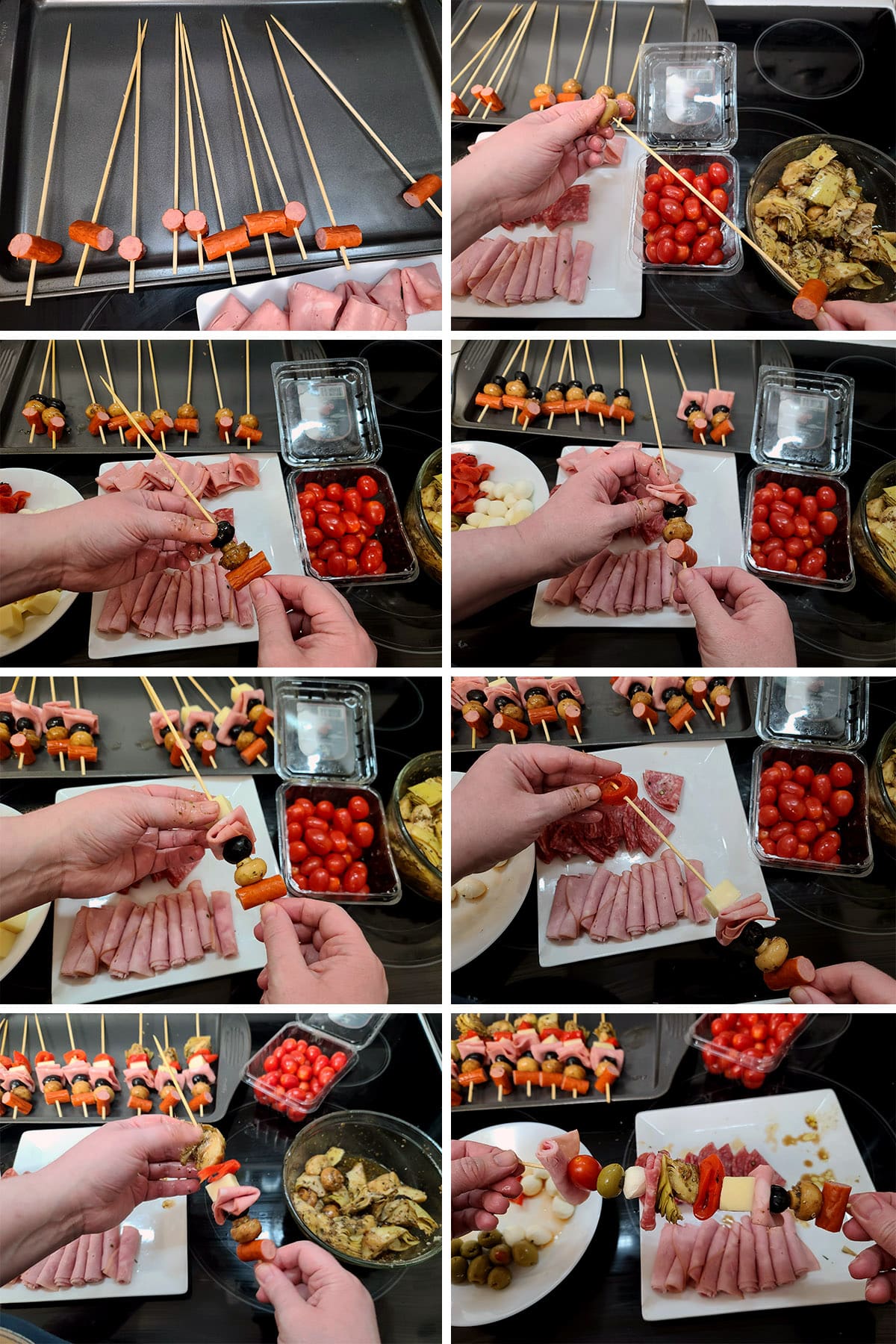 An 8 part image showing the various meats, cheeses, olives, and marinated vegetables being threaded onto skewers.