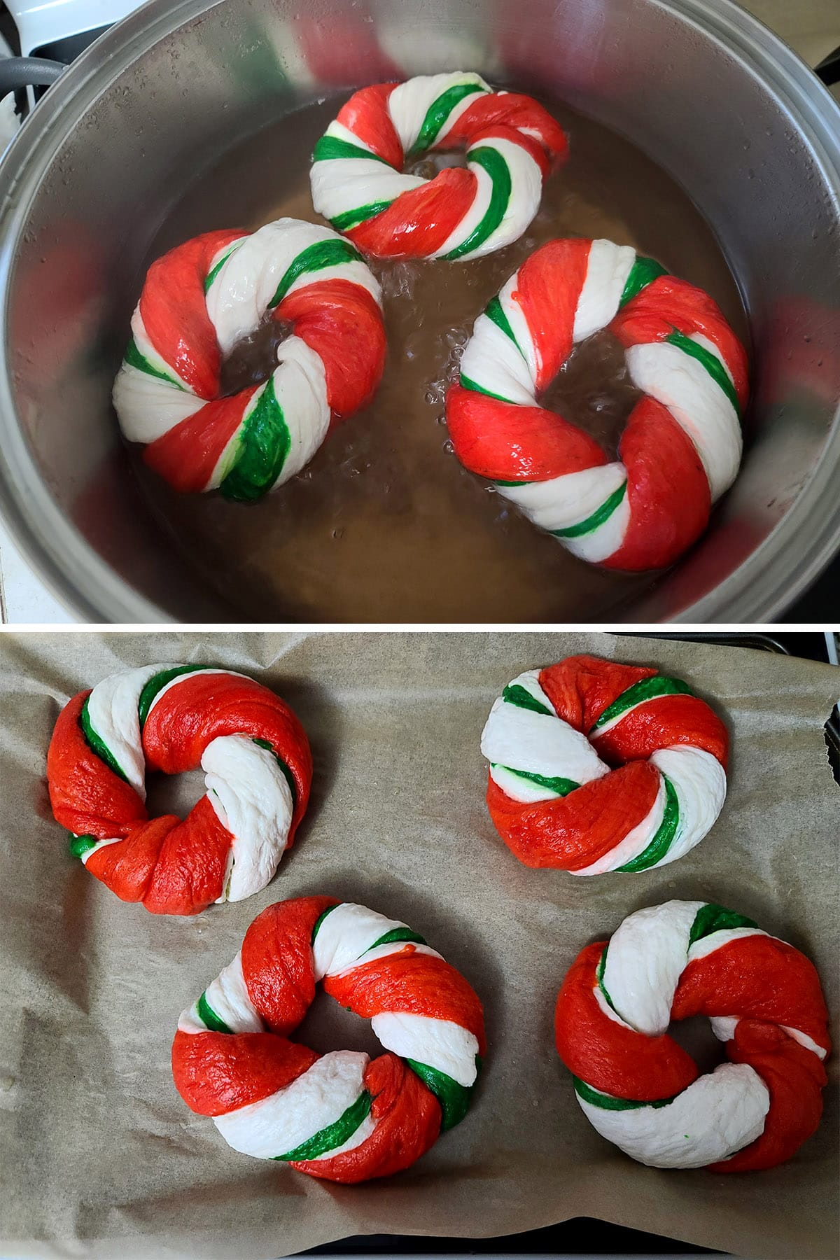 A 2 part image showing candy cane striped bagels simmering in a pot of water, then laid out on a prepared pan.