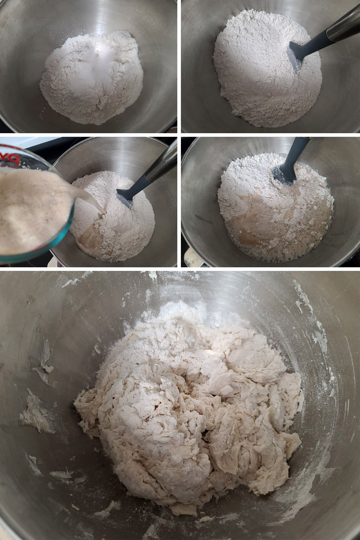 A 5 part image showing the dough ingredients being mixed to a loose dough.