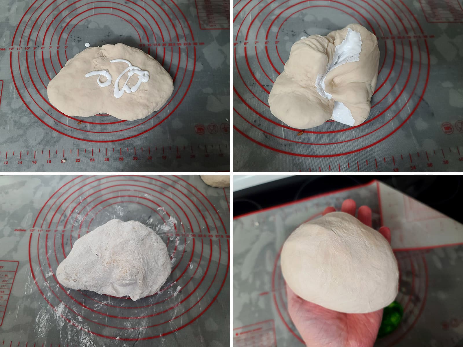 A 4 part image showing white food colouring being kneaded into a ball of dough.