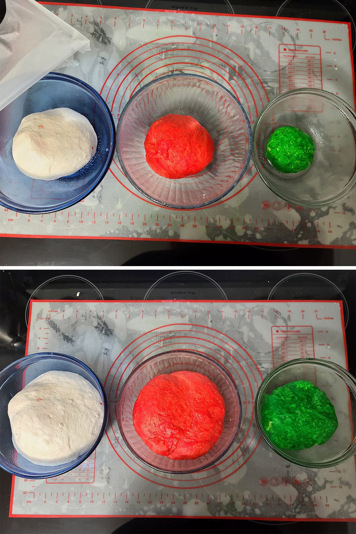 A 2 part image showing bowls of white, red, and green dough, before and after rising,