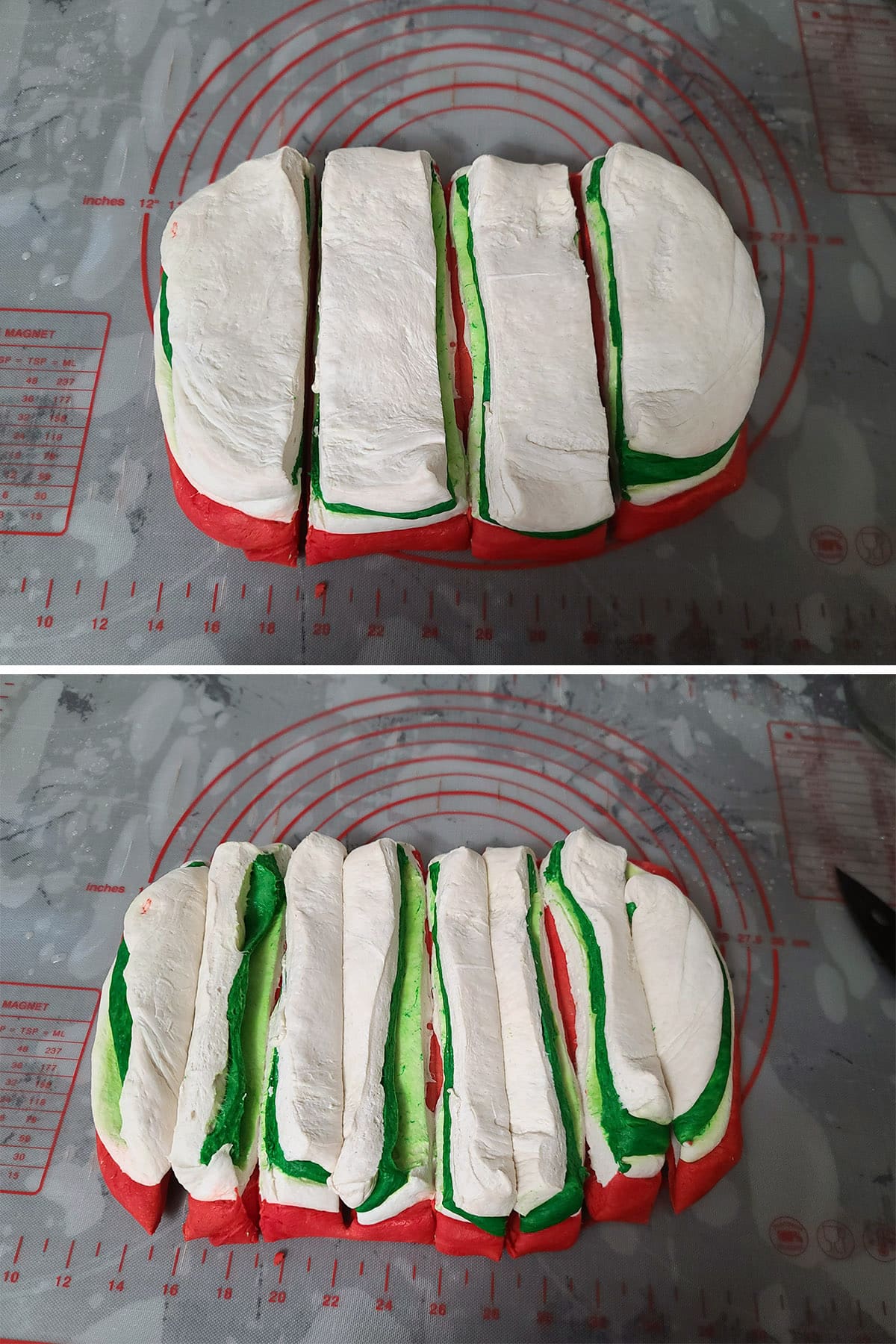 A 2 part image showing the layered block of dough being cut into 4 and then 8 strips.