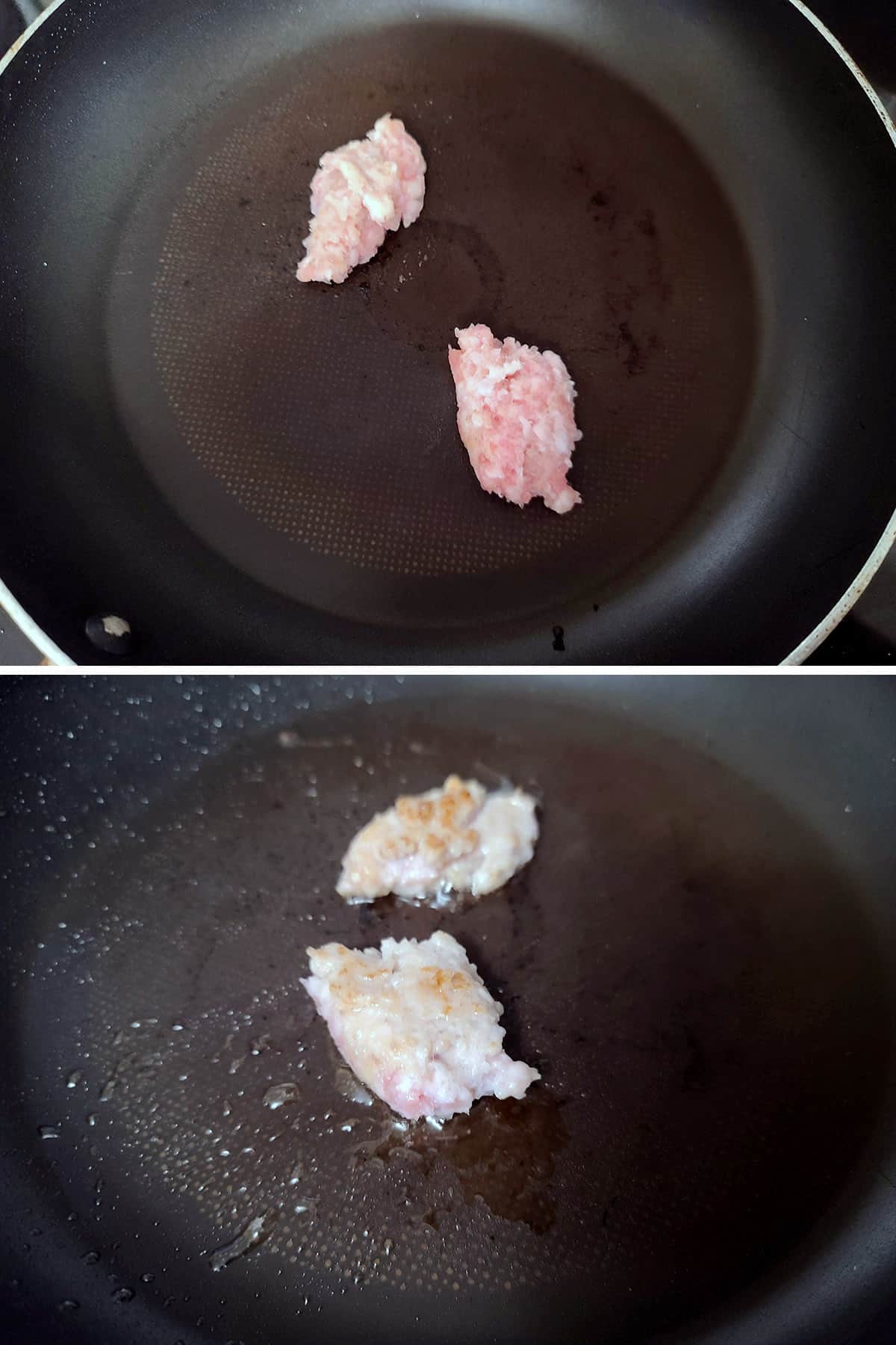 A 2 part image showing two small pieces of pork sausage being cooked in a frying pan.