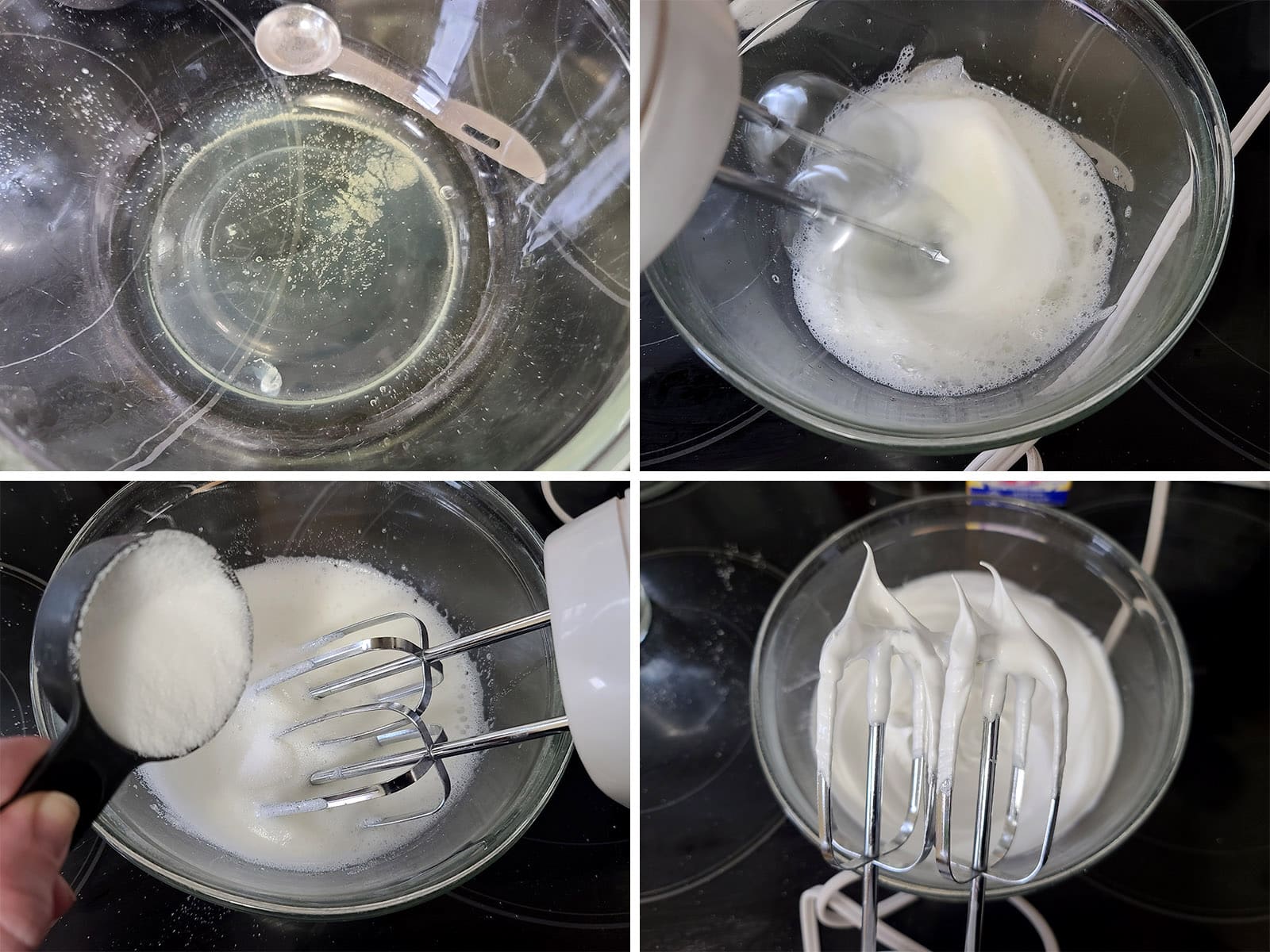 A 4 part image showing the egg whites and sugar being whipped together.