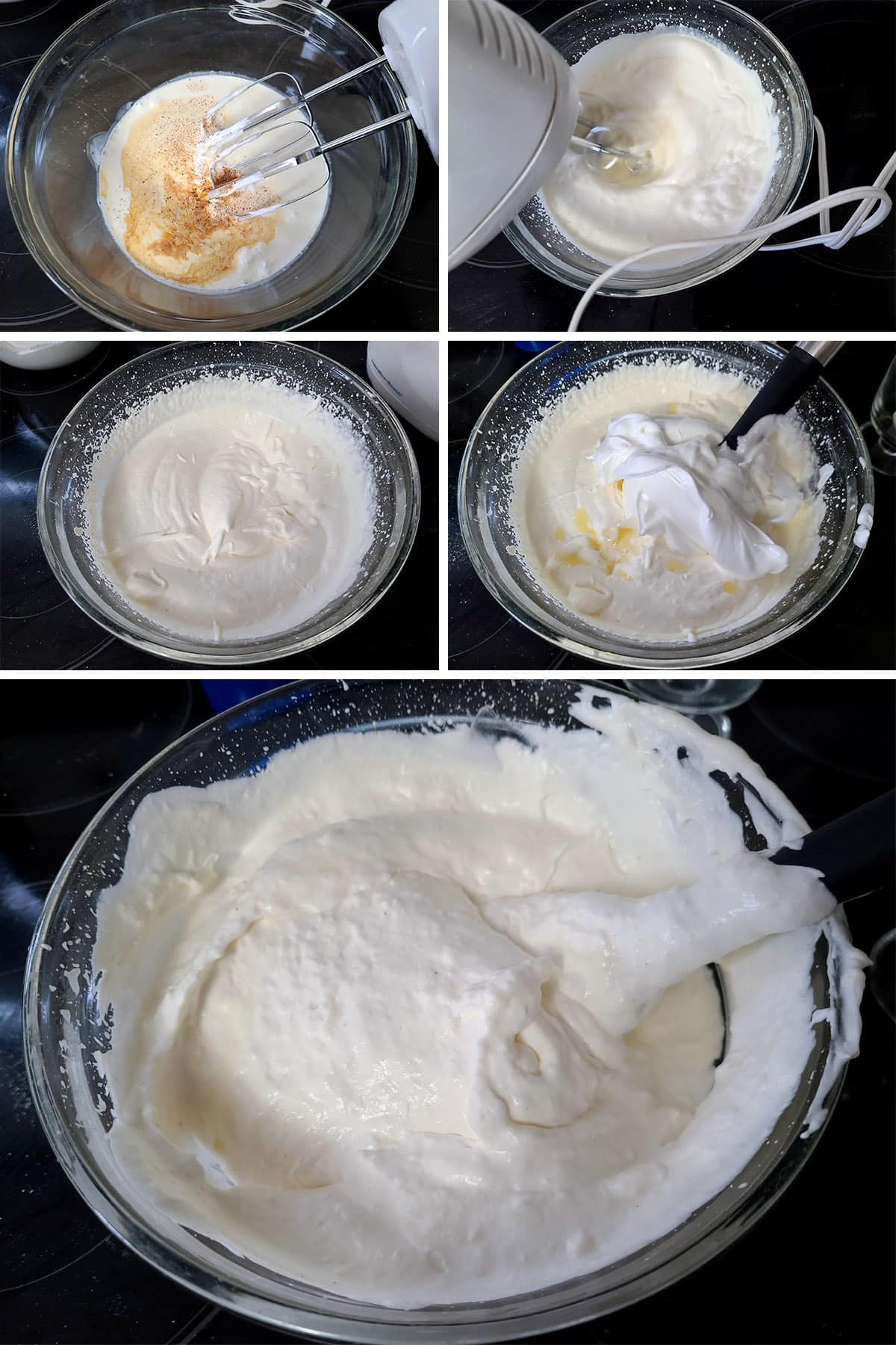 A 5 part image showing the heavy cream being whipped, then the egg whites and gelatin mixture being added and folded in.
