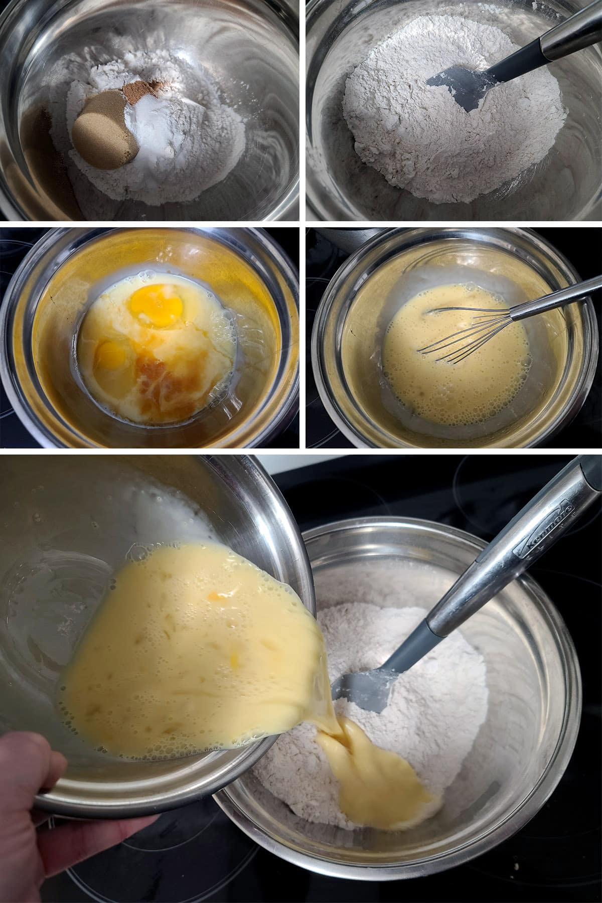 A 5 part image showing the bowl of dry ingredients being mixed, the wet ingredients being mixed, and the wet poured into the dry.