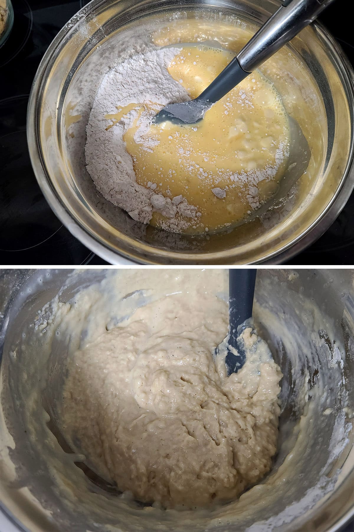 A 2 part image showing the muffin batter being mixed.