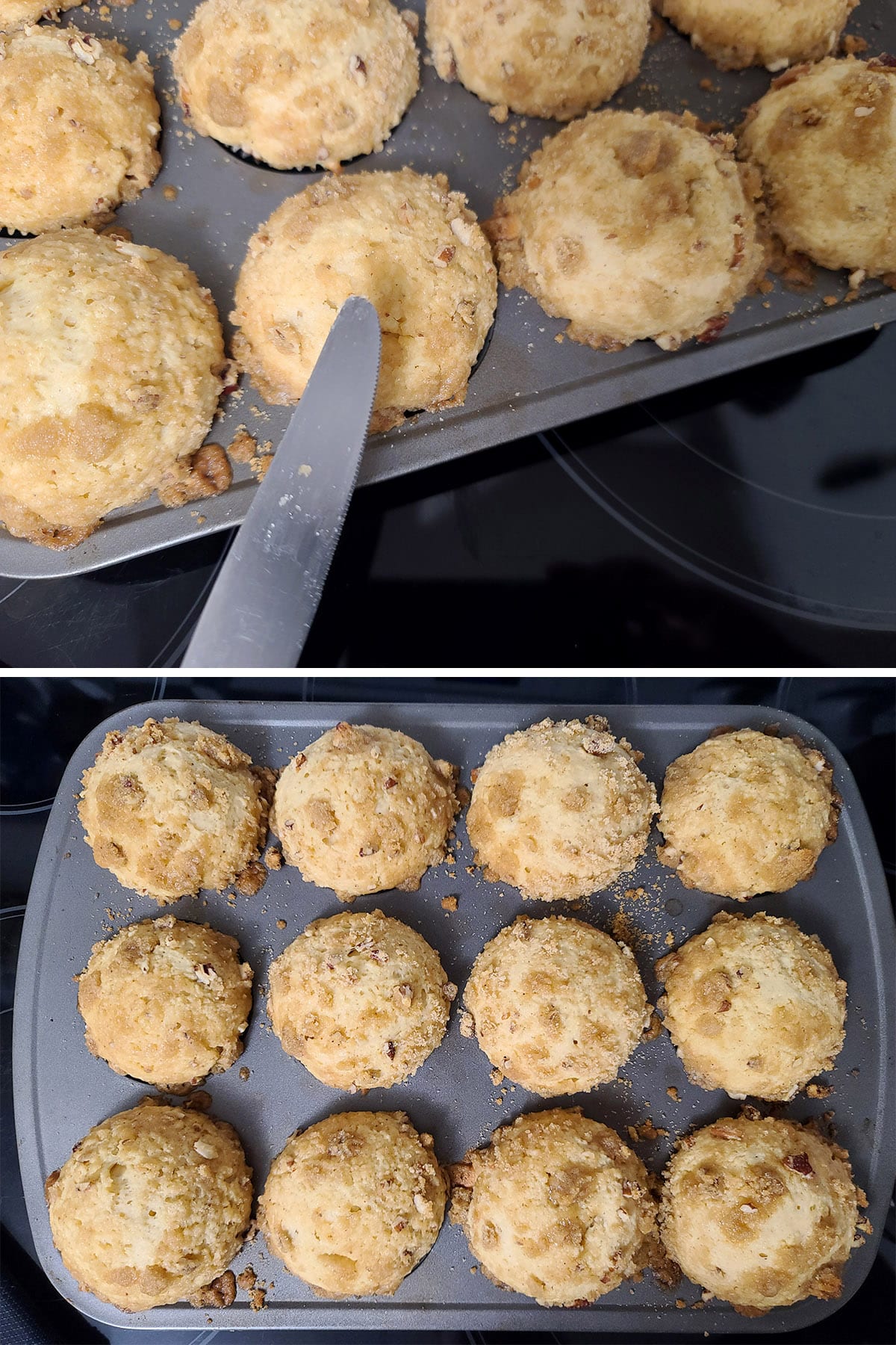 A 2 part image showing a clean butter knife being held above the muffins, and the whole pan of baked muffins.
