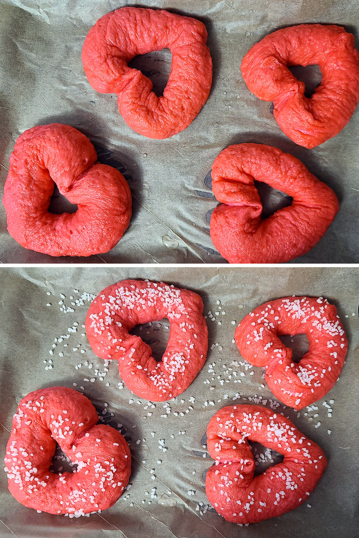 A 2 part image showing a pan of unbaked pink heart bagels, before and after being sprinkled with coarse sugar.