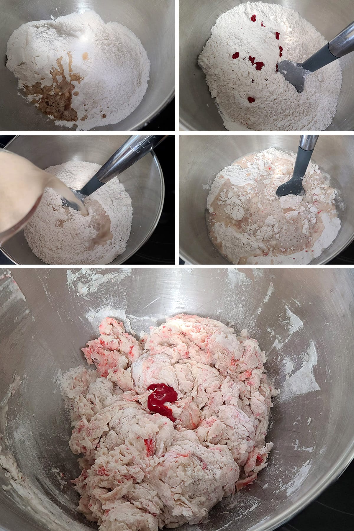 A 5 part image showing the dough ingredients being mixed into a shaggy dough.