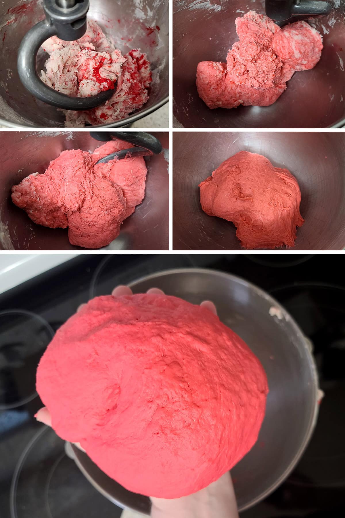 A 5 part image showing the pink bagel dough being mixed in a mixer, from shaggy to smooth.