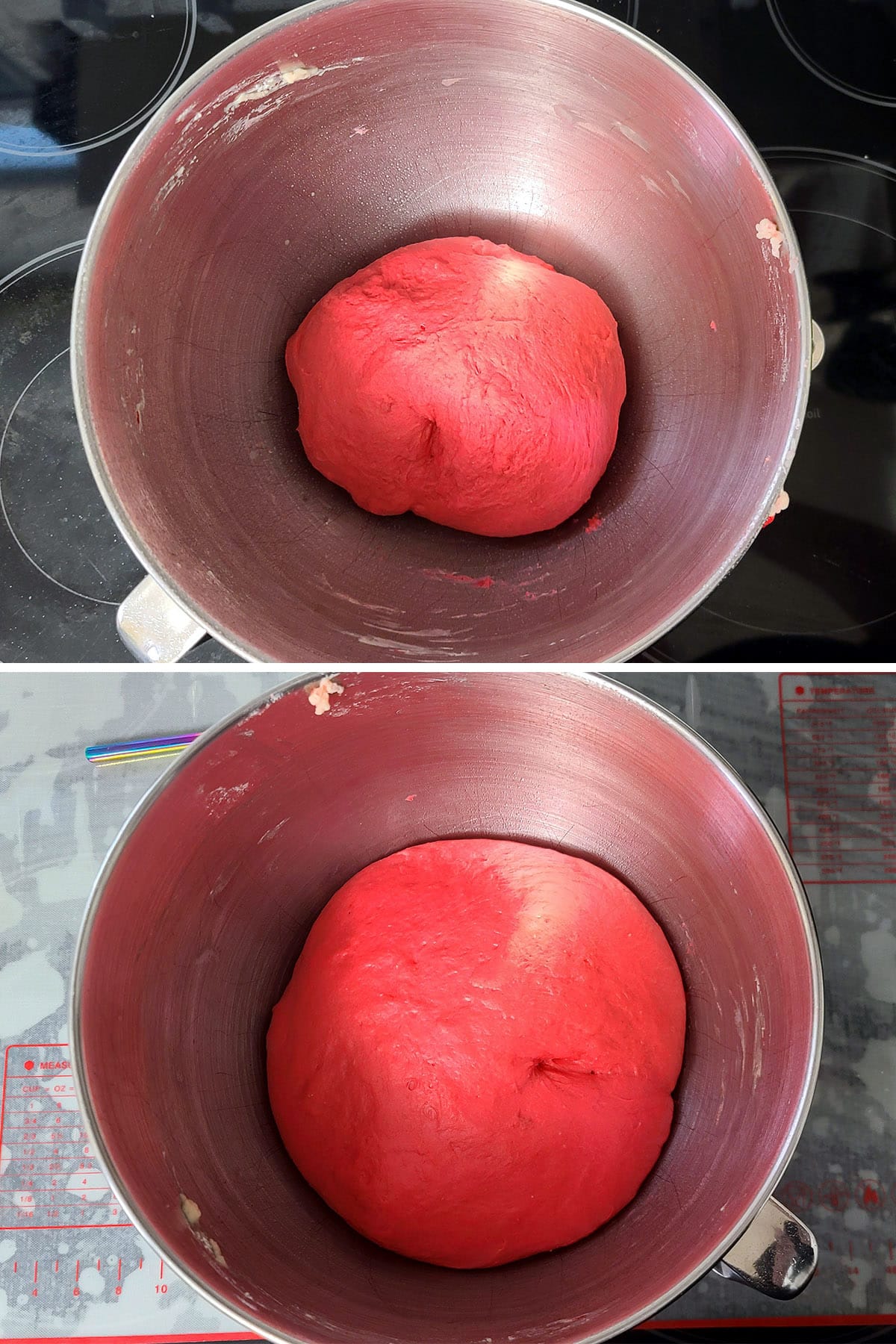 A 2 part image showing a ball of pink dough in a metal bowl, before and after rising.