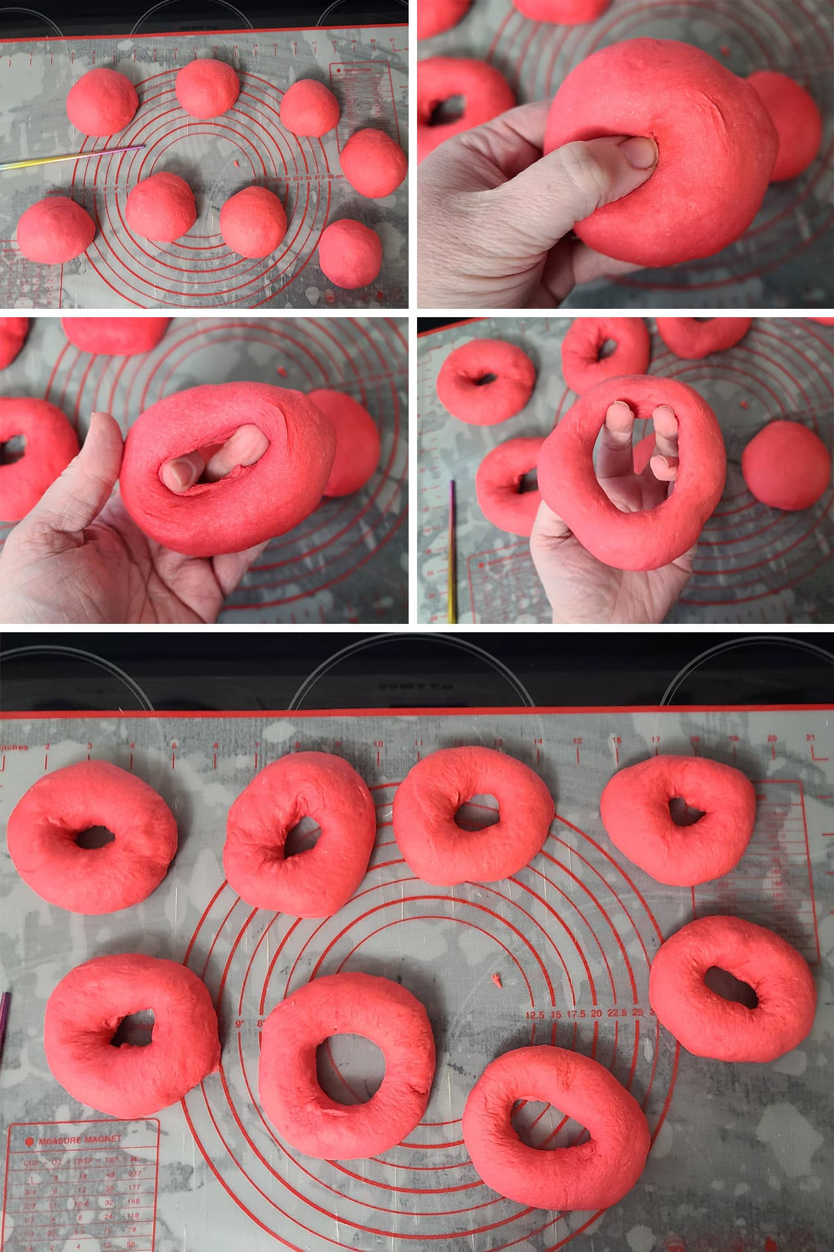 A 5 part image showing one of the pink dough balls being formed into a round bagel, then 8 formed bagels.