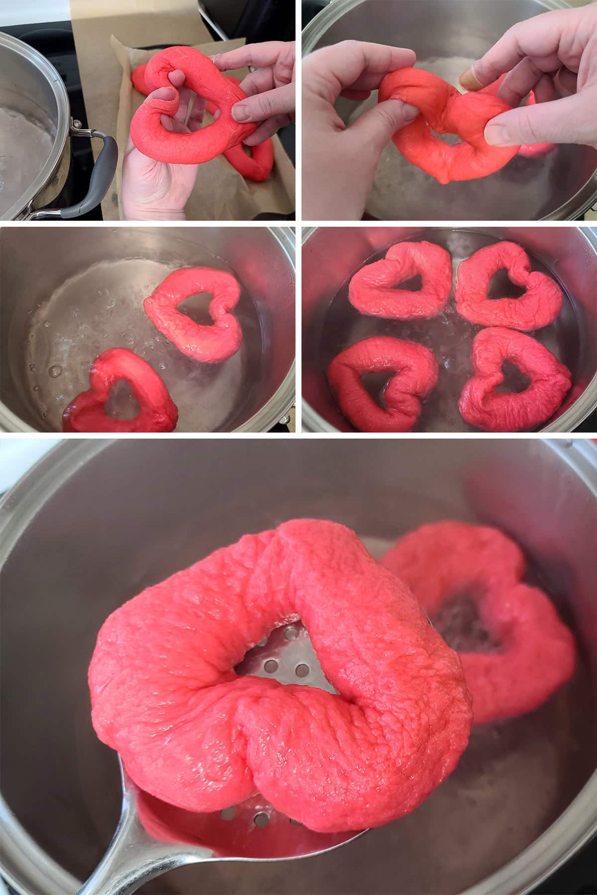 A 5 part image showing pink heart shaped bagels being boiled in water, then lifted out with a slotted spoon.