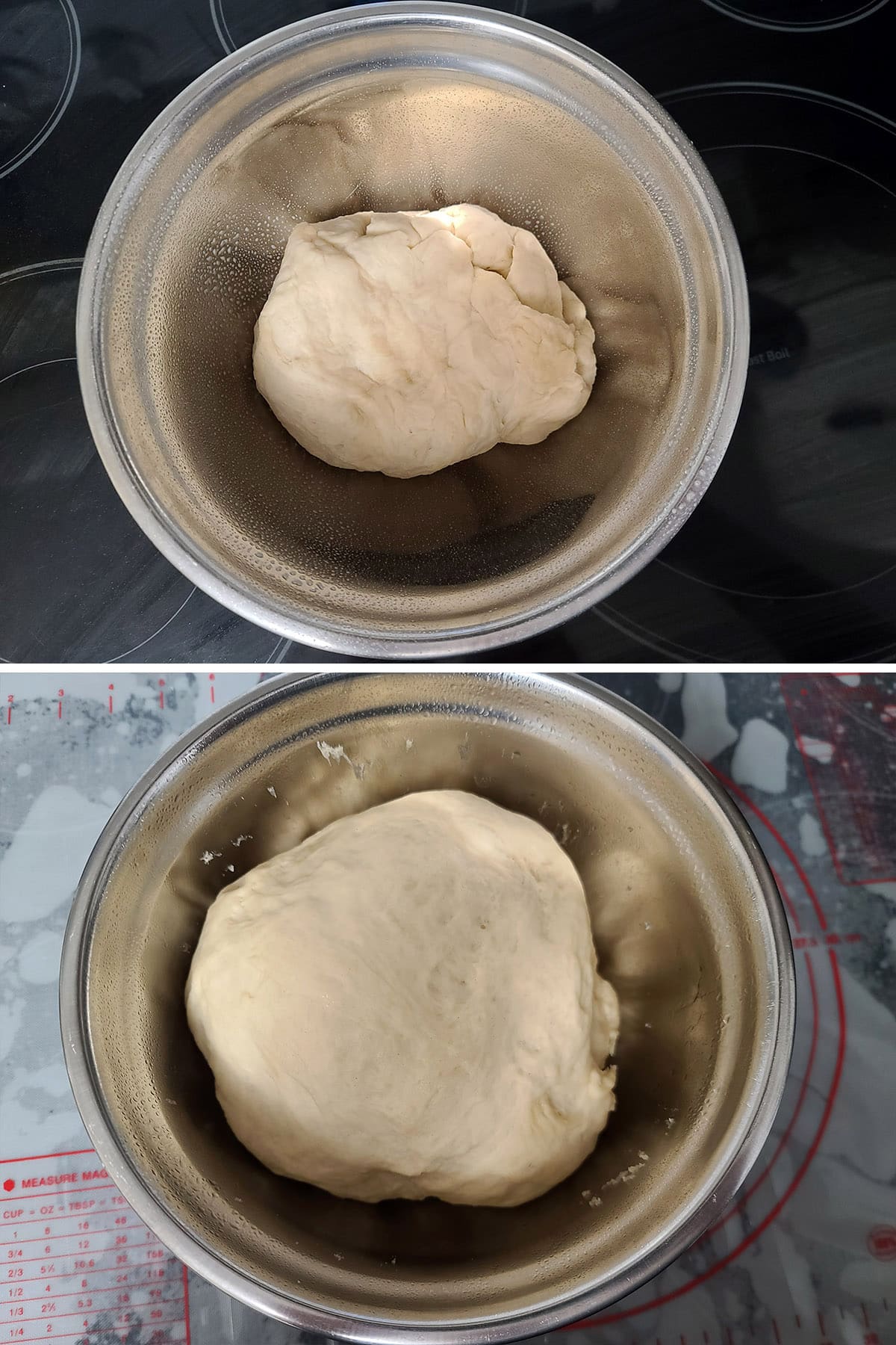 A 2 part image showing the ball of dough in a metal bowl, before and after rising.