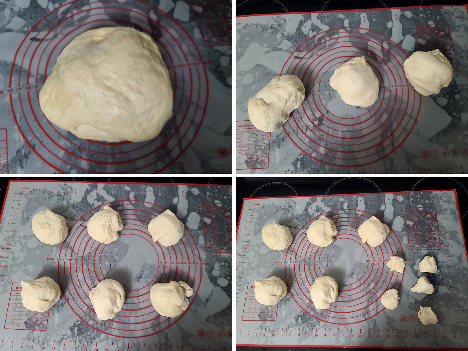 A 4 part image showing the dough ball being divided into 3, 6, then 30 pieces.