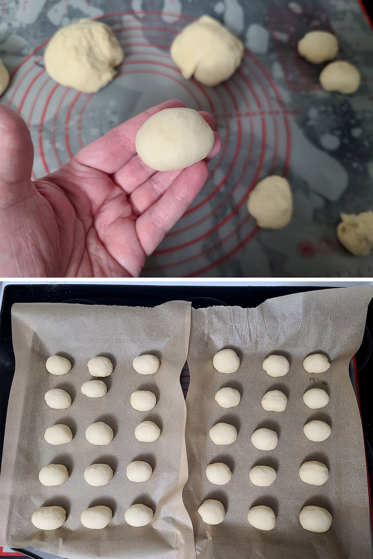 A 2 part image showing a piece of dough rolled into an oblong ball, then 30 oblong dough balls across 2 parchment lined baking sheets.