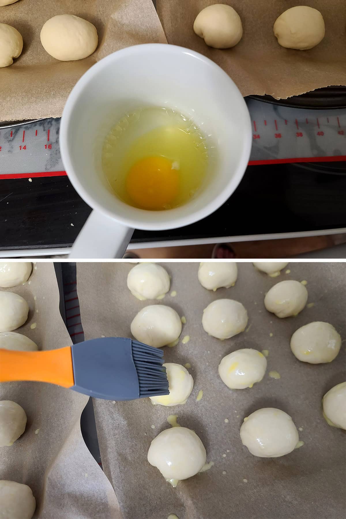 A 2 part image showing the egg wash being mixed in a mug and brushed over the dough balls.