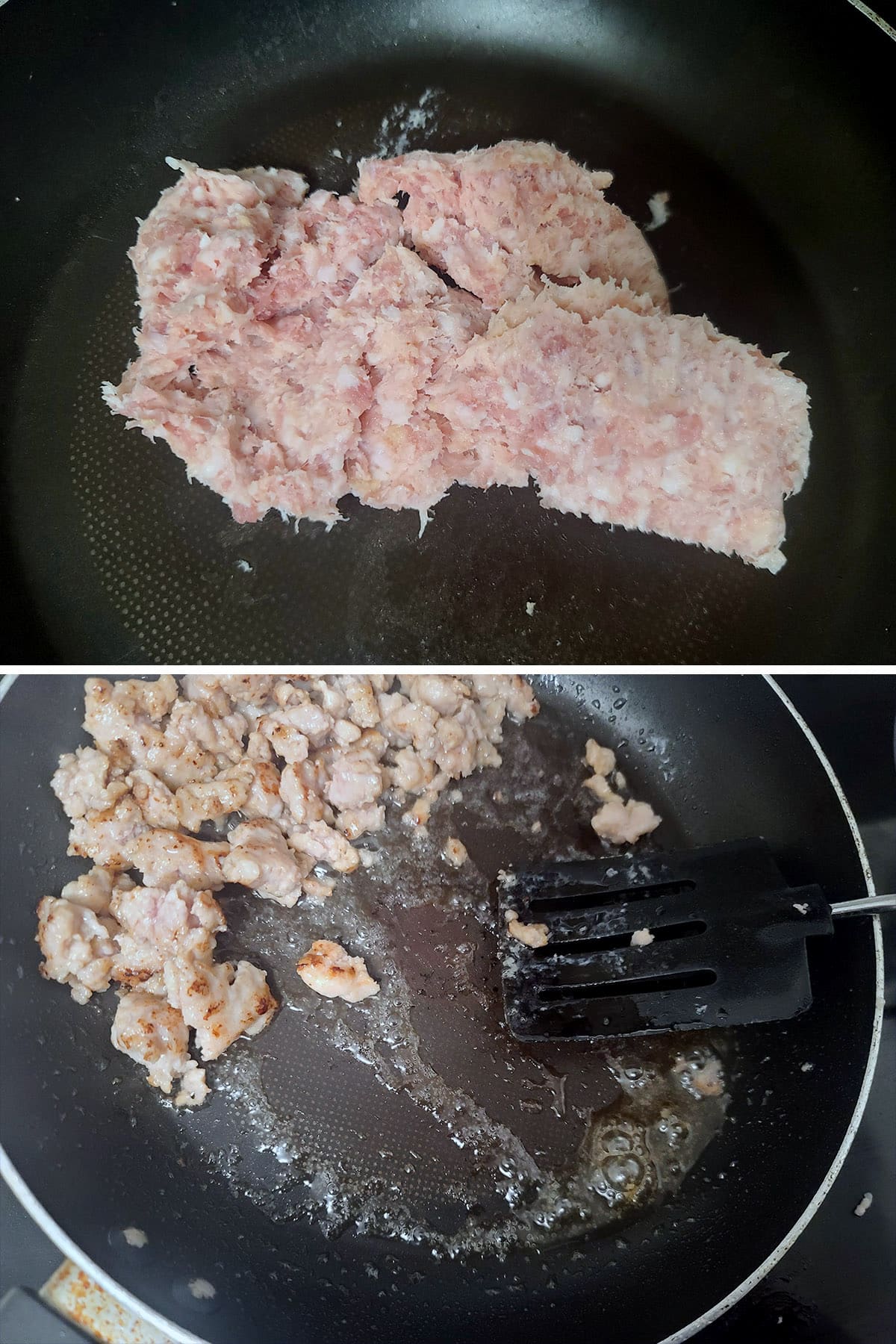 A 2 part image showing a chunk of maple leaf pork sausage being cooked up.