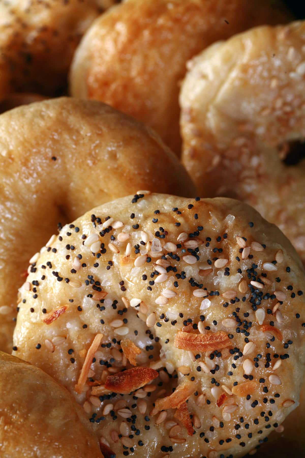 A close up photo of several mini bagels.