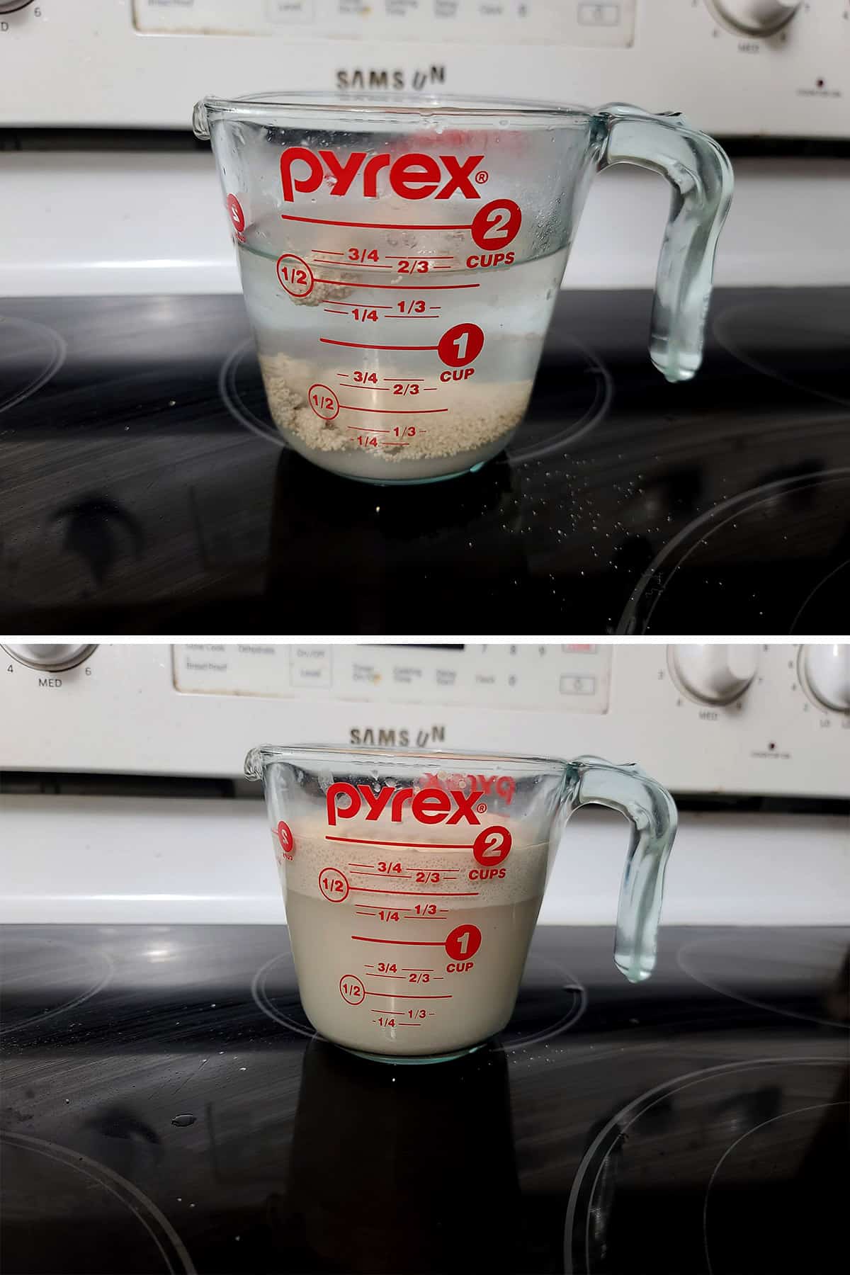 A 2 part image showing a measuring glass of yeast water, before and after foaming up.