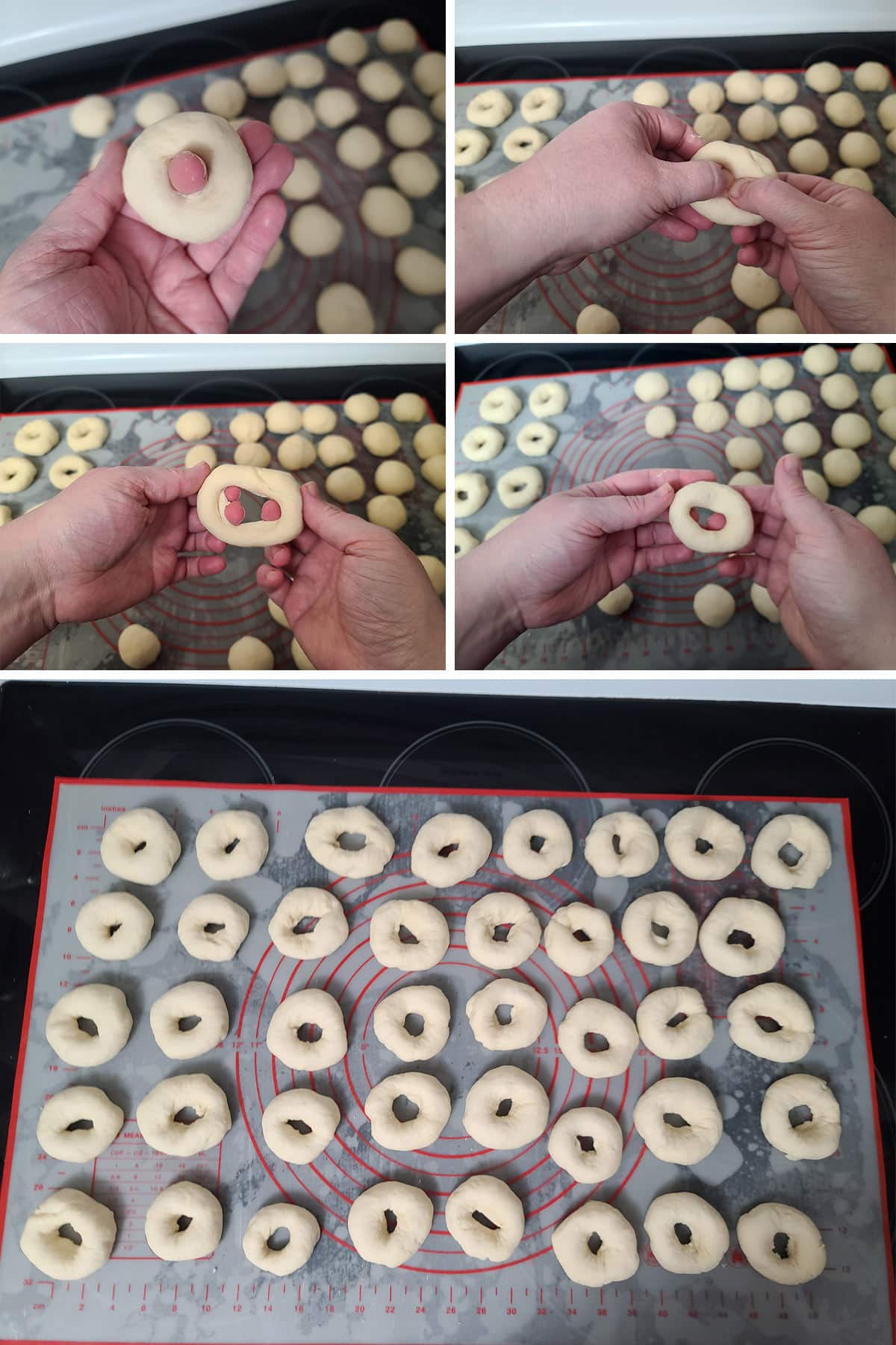 A 5 part image showing a finger poking through a dough ball, stretching it out into a bagel, and 40 mini bagels on the work surface.