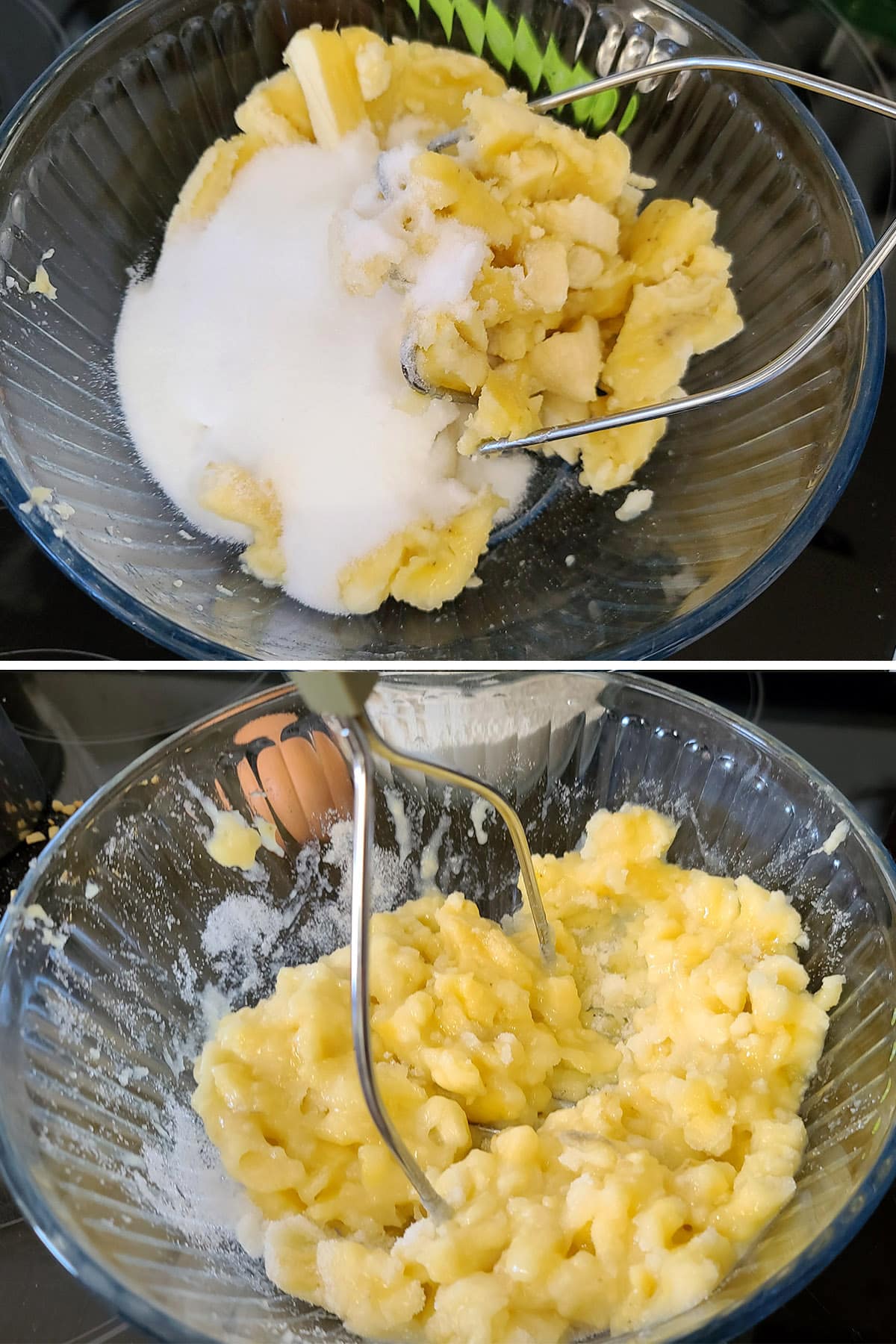 A 2 part image showing the banana and sugar being mashed together.