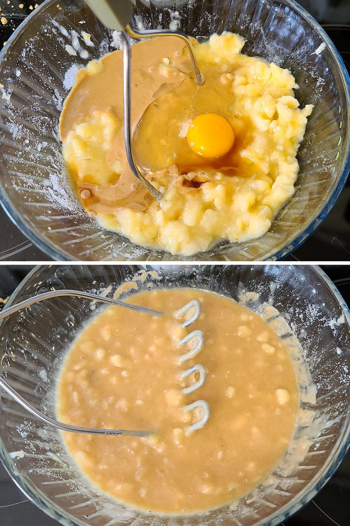 A 2 part image showing the wet ingredients being mixed together.