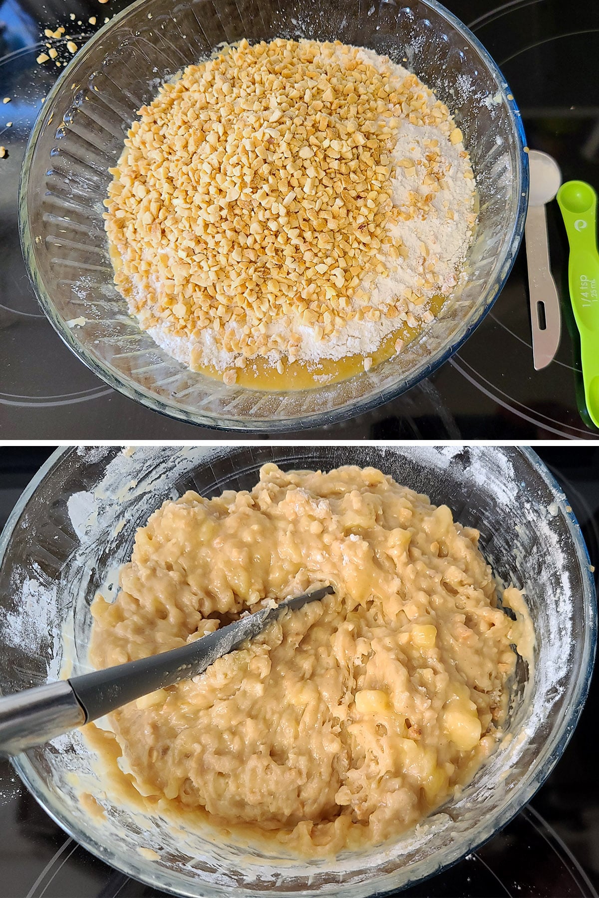 A 4 part image showing the dry ingredients being added to the wet ingredients and mixed together.