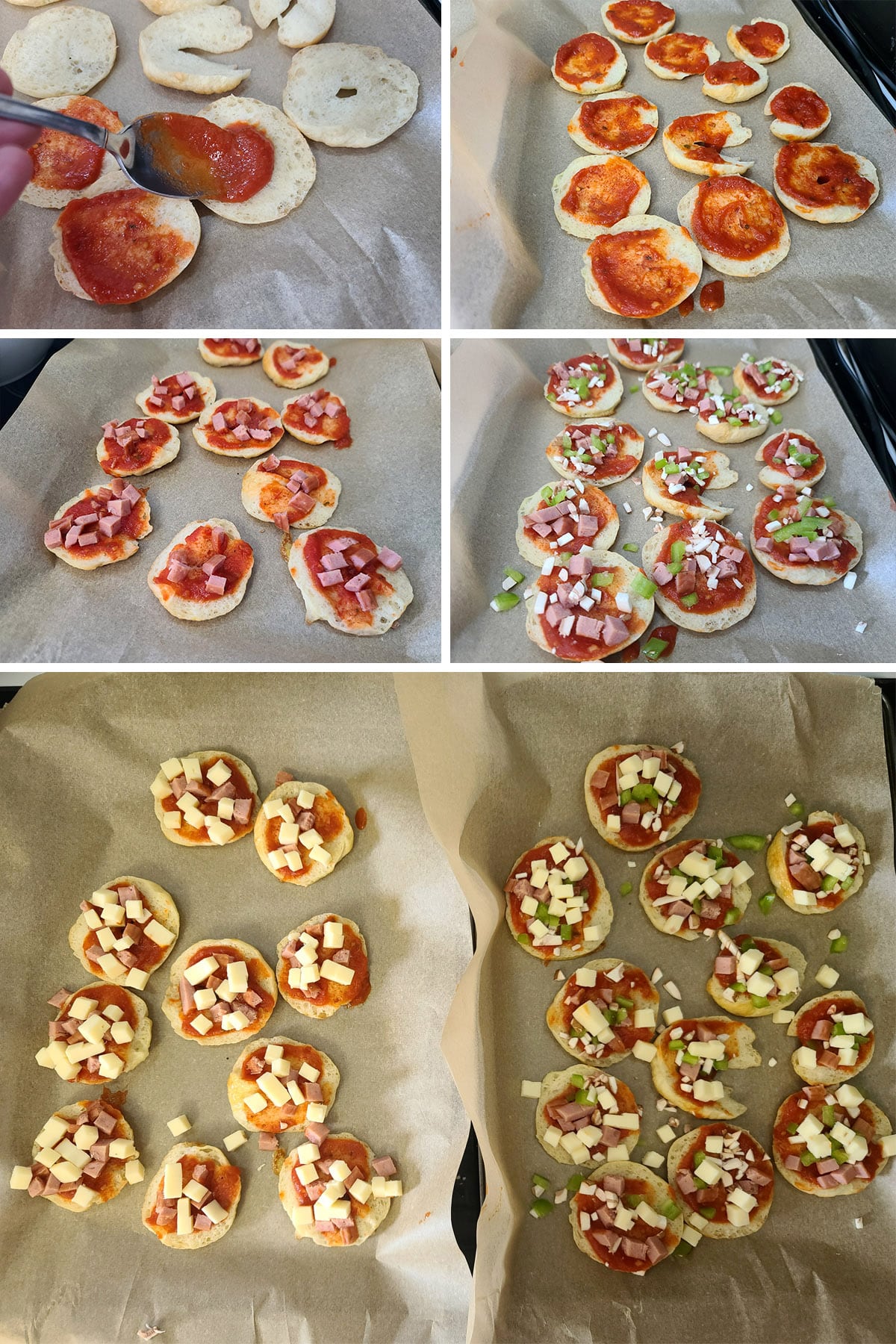 A 5 part image showing the homemade bagel bites being assembled on parchment lined baking sheets.