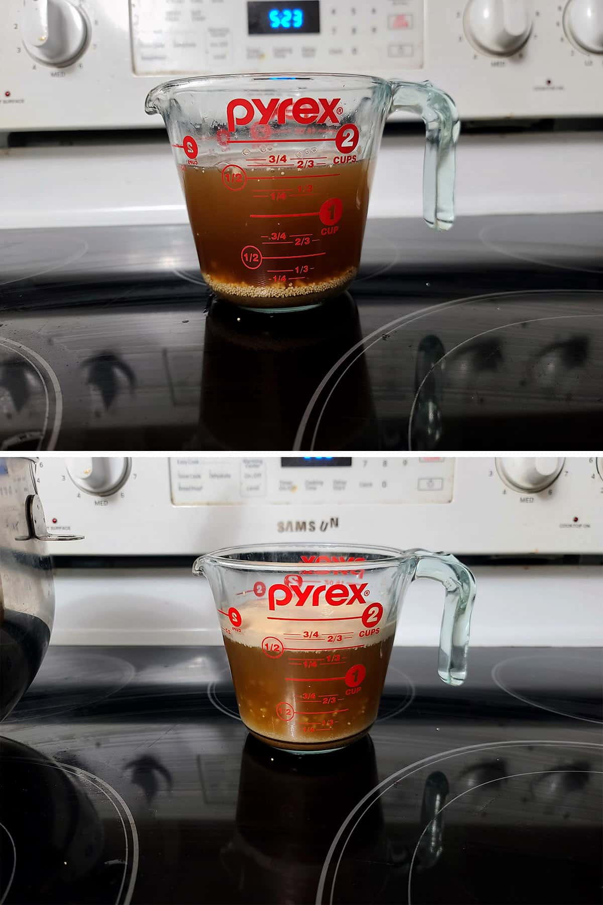 A 2 part image showing brown sugar yeast water. before and after foaming up.