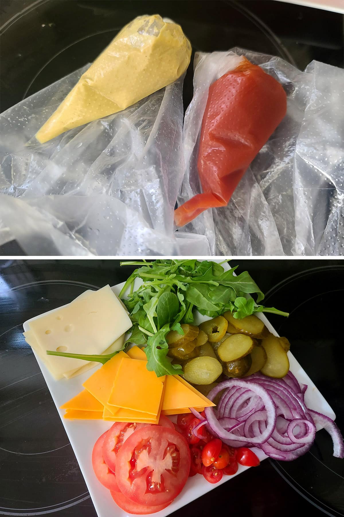 A 2 part image showing ketchup and mustard in pastry bags, and a plate of prepared burger toppings.