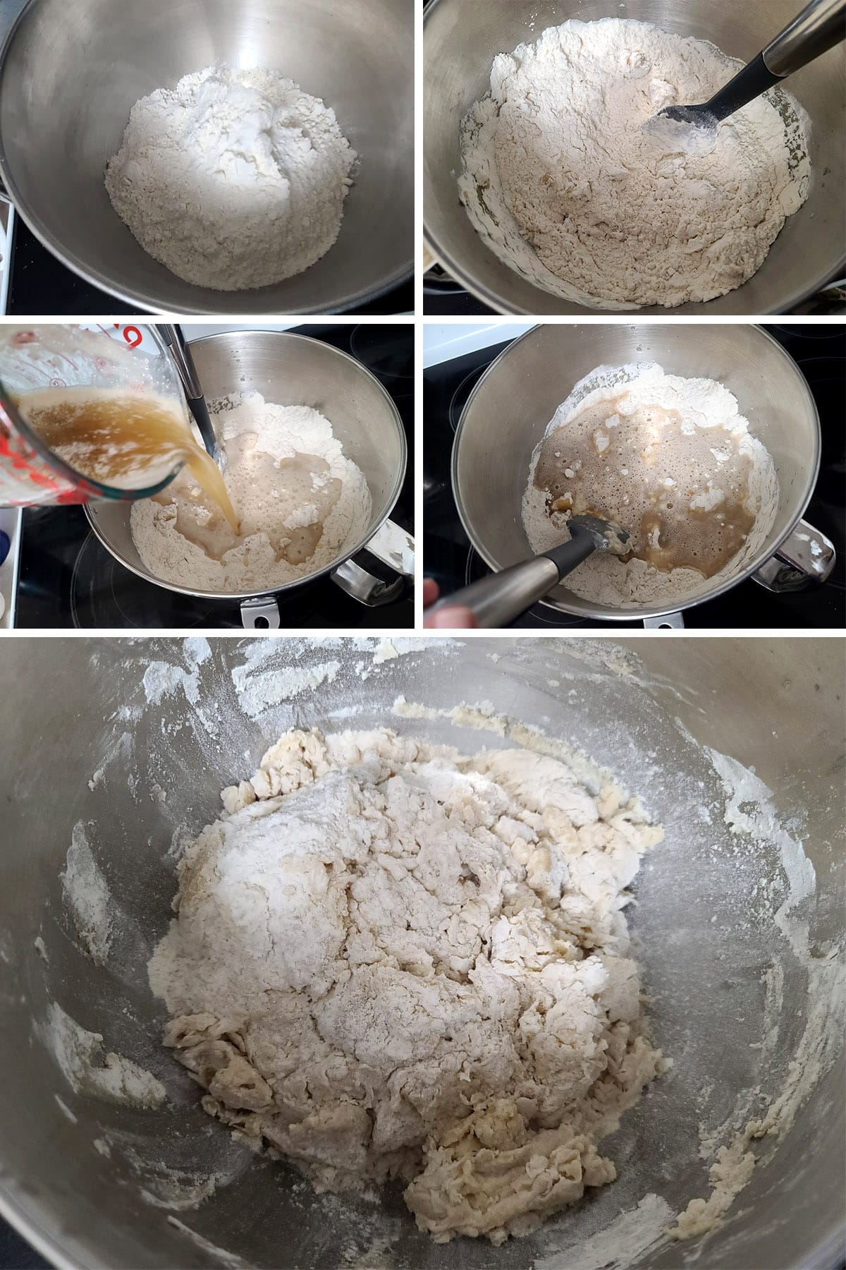 A 5 part image showing the pretzel dough ingredients being mixed together.