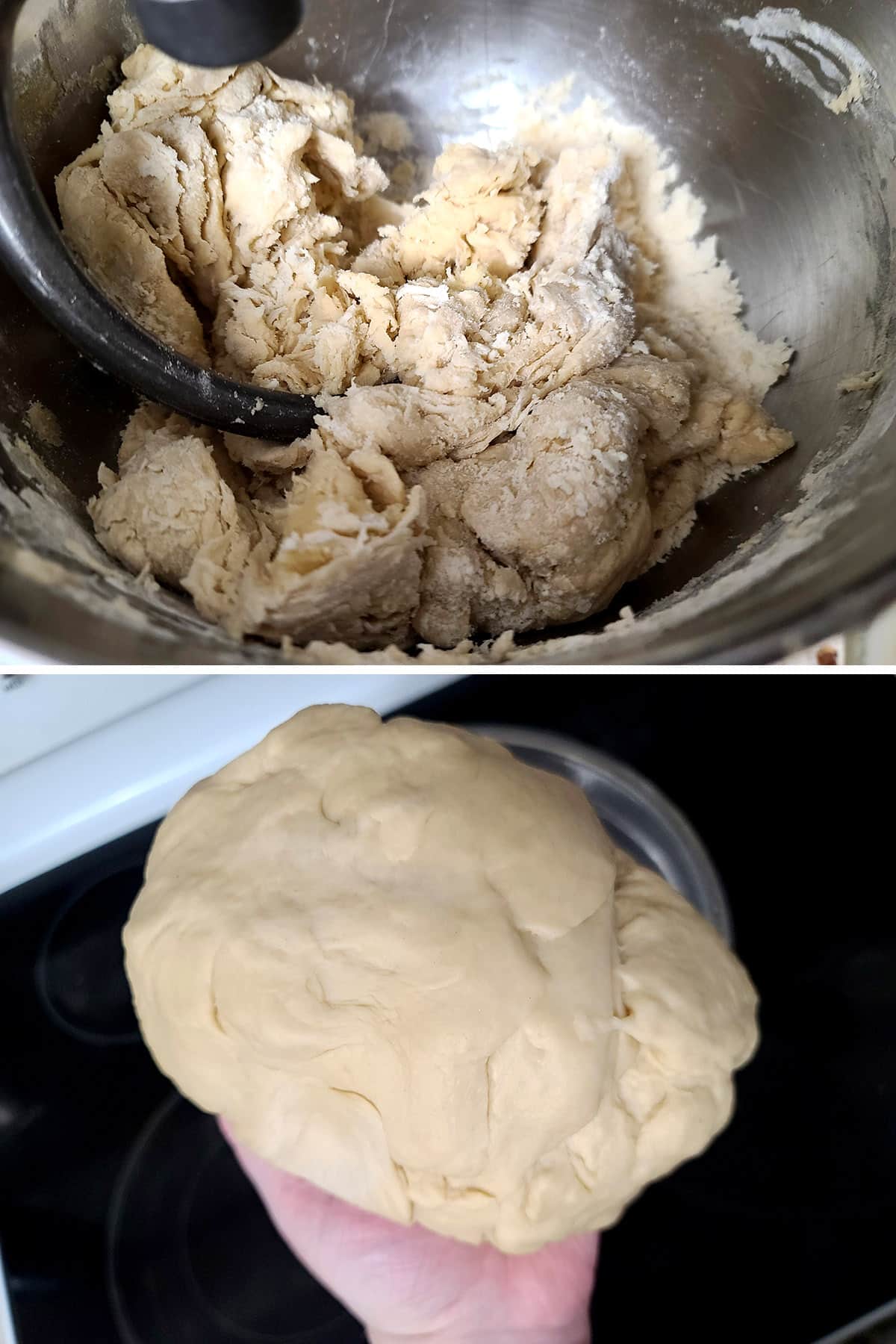 A 2 part image showing the dough before and after being kneaded smooth.