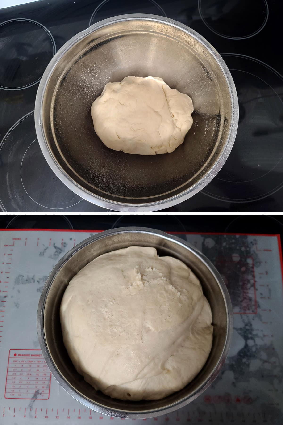 A 2 part image showing the ball of pretzel dough before and after doubling in size.