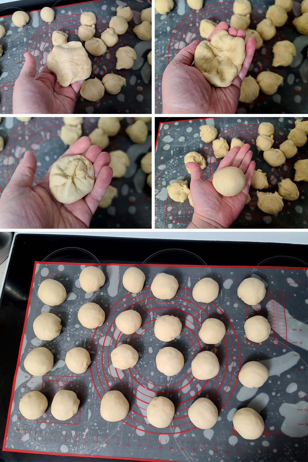 A 5 part image showing a pieces of dough being pulled and rolled into a smooth ball, and 24 smooth balls of dough.