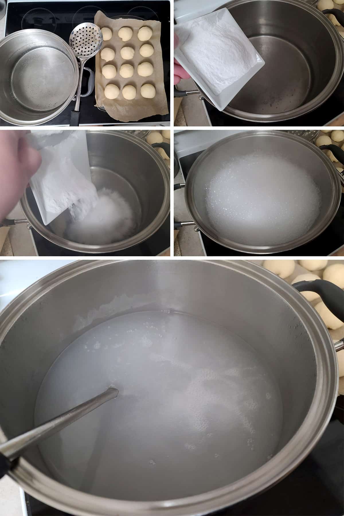 A 5 part image showing the baking soda bath being mixed in a large pot.