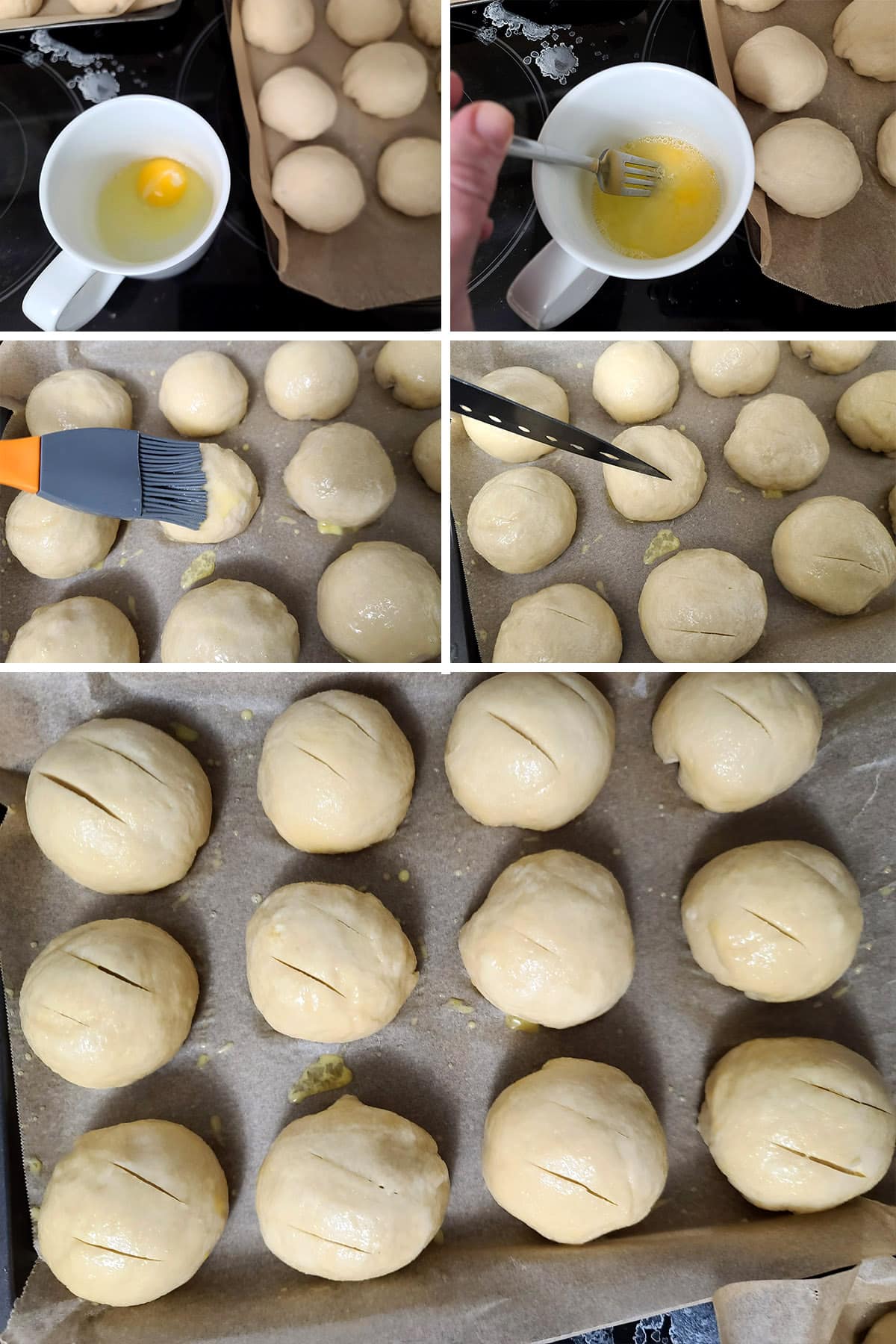 A 5 part image showing the egg wash being mixed and brushed over the boiled buns.