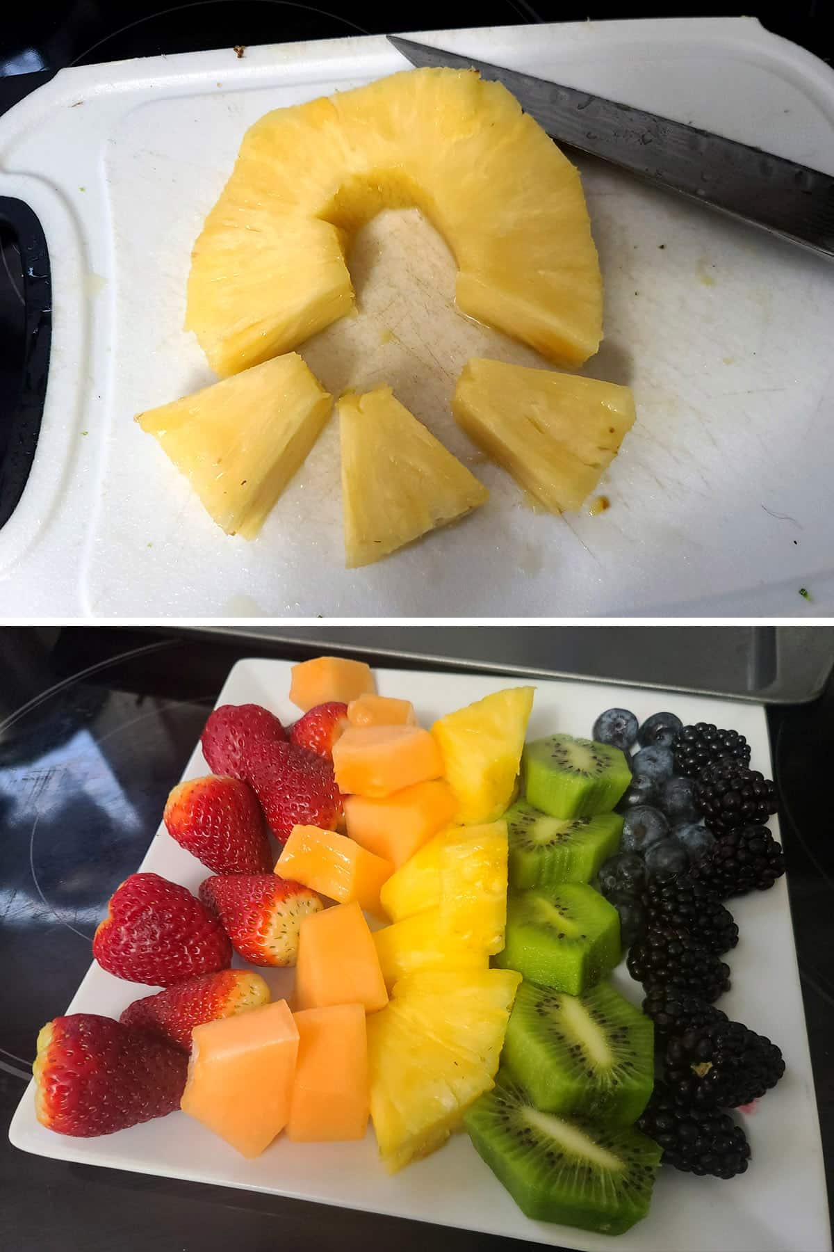 A 2 part image showing a pineapple slice being cut into chunks, and a plate of prepared fruit.