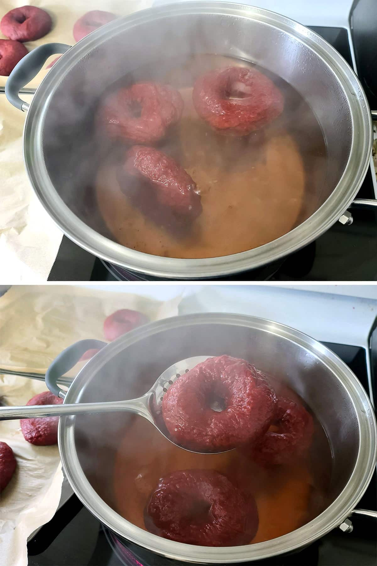 A 2 part image showing 3 red velvet bagels boiling, then one being removed with a slotted spoon.