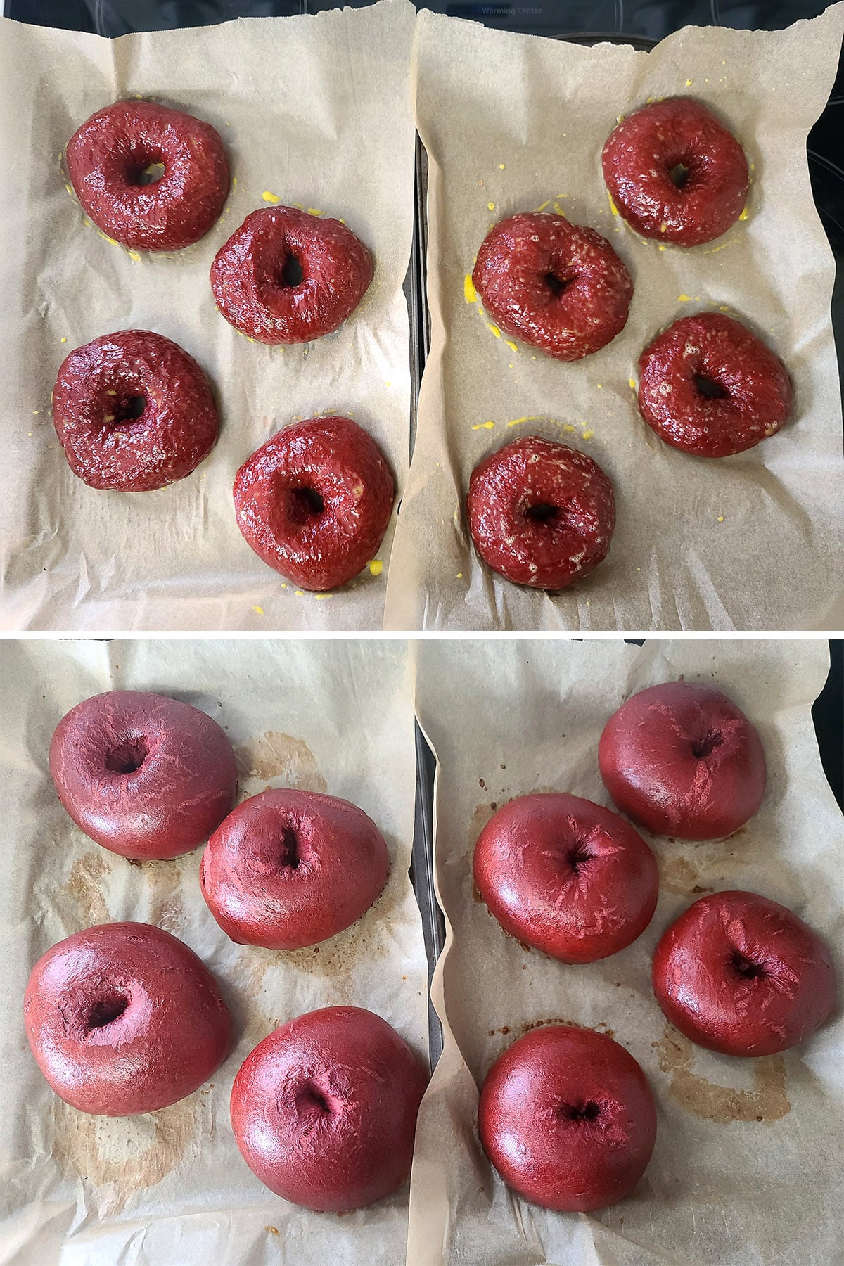 A 2 part image showing the 2 pans of red velvet bagels, before and after baking.
