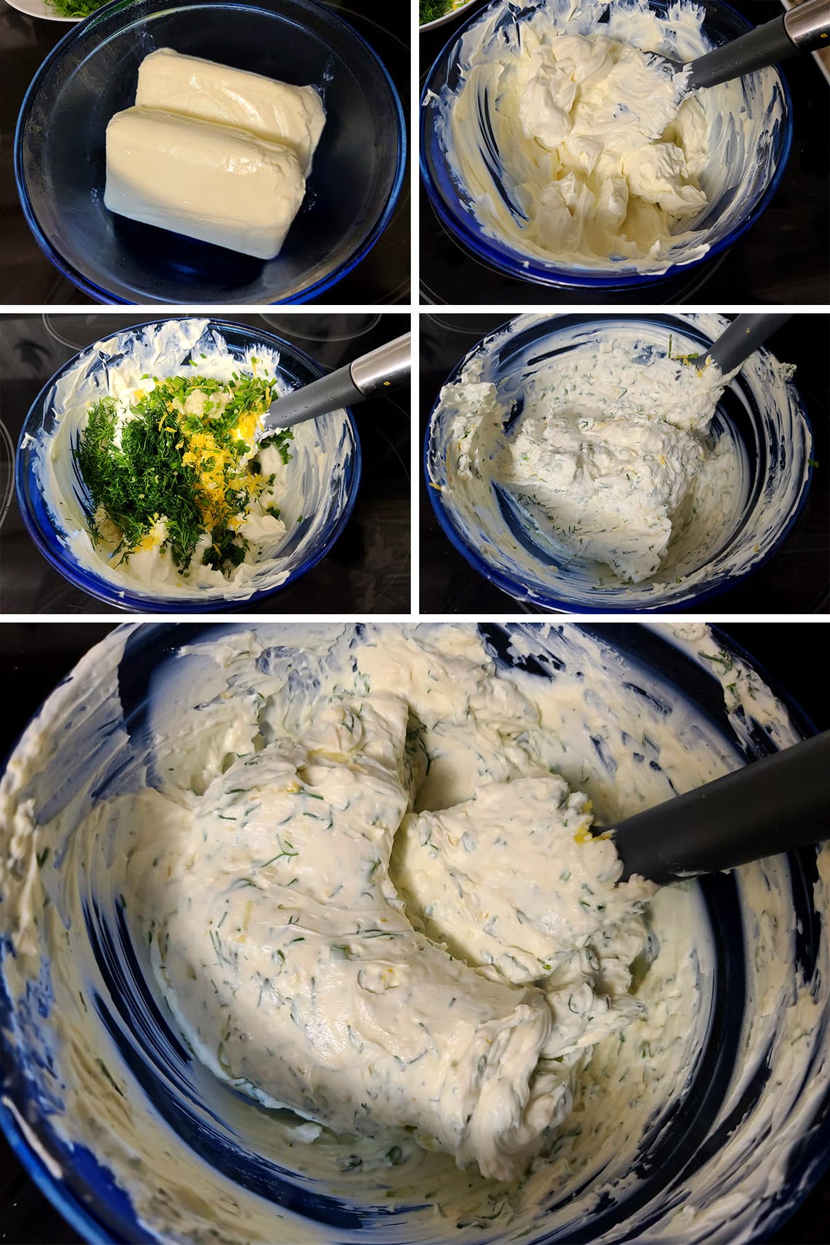 A 5 part image showing the flavoured cream cheese mixture being made.