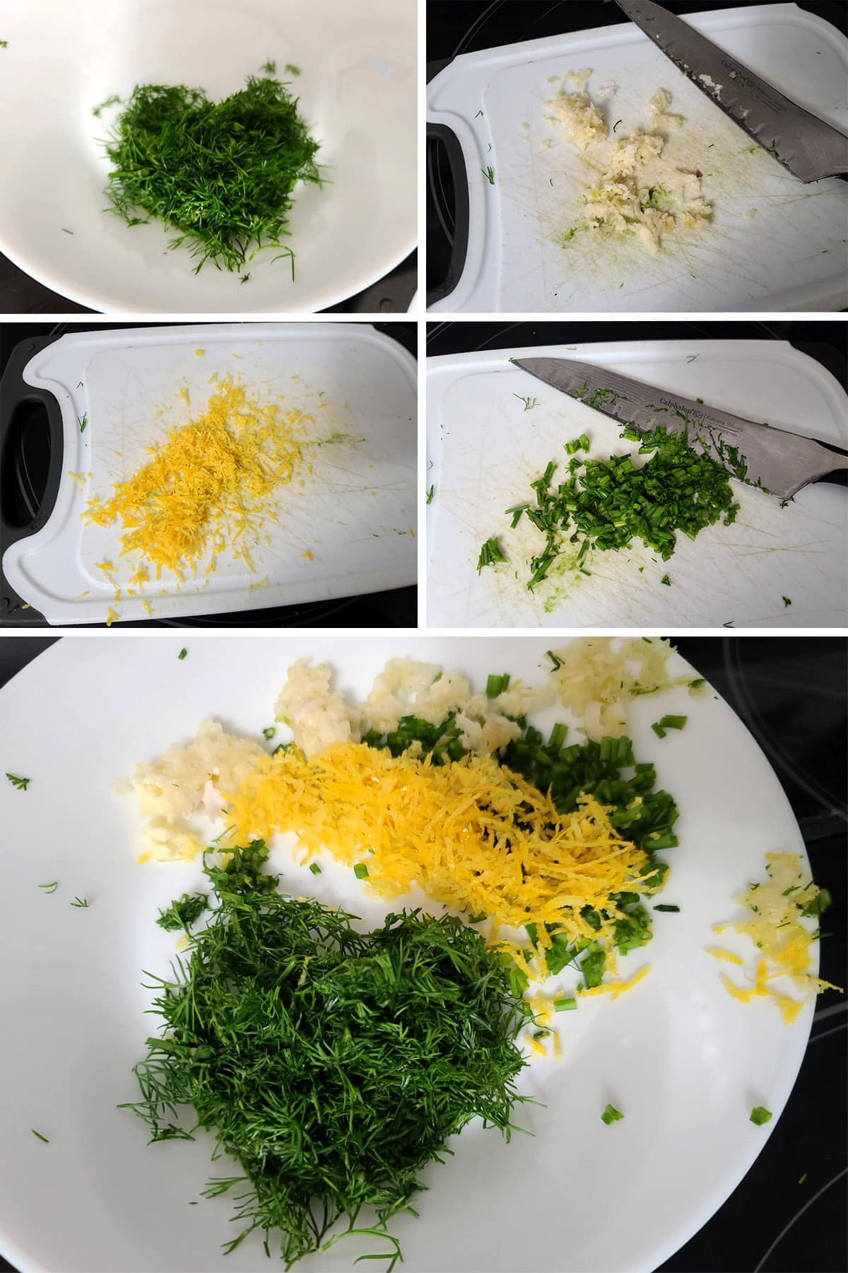 A 5 part image showing the dill, garlic, lemon zest, and chives being prepared.