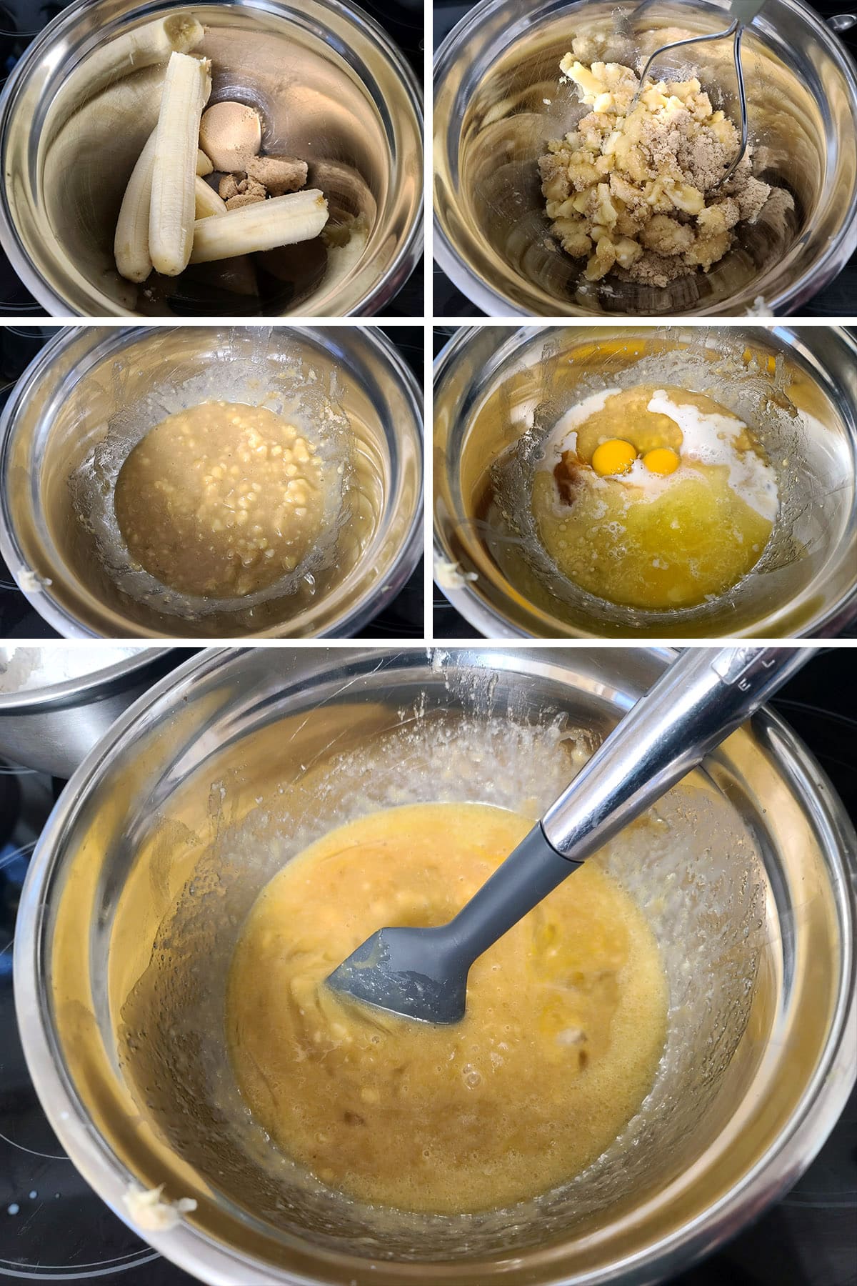 A 5 part image showing the bananas and brown sugar being mashed together, then mixed with the rest of the wet ingredients.